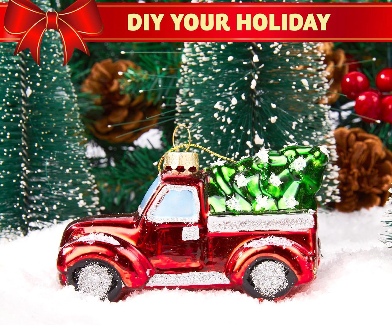 Joiedomi Red Truck with Tree Mini Christmas Ornaments, Blown Glass Small Funny Ornament for Christmas Tree Hanging Decorations Indoor, Xmas Party Favors Cute Presents - Image 4