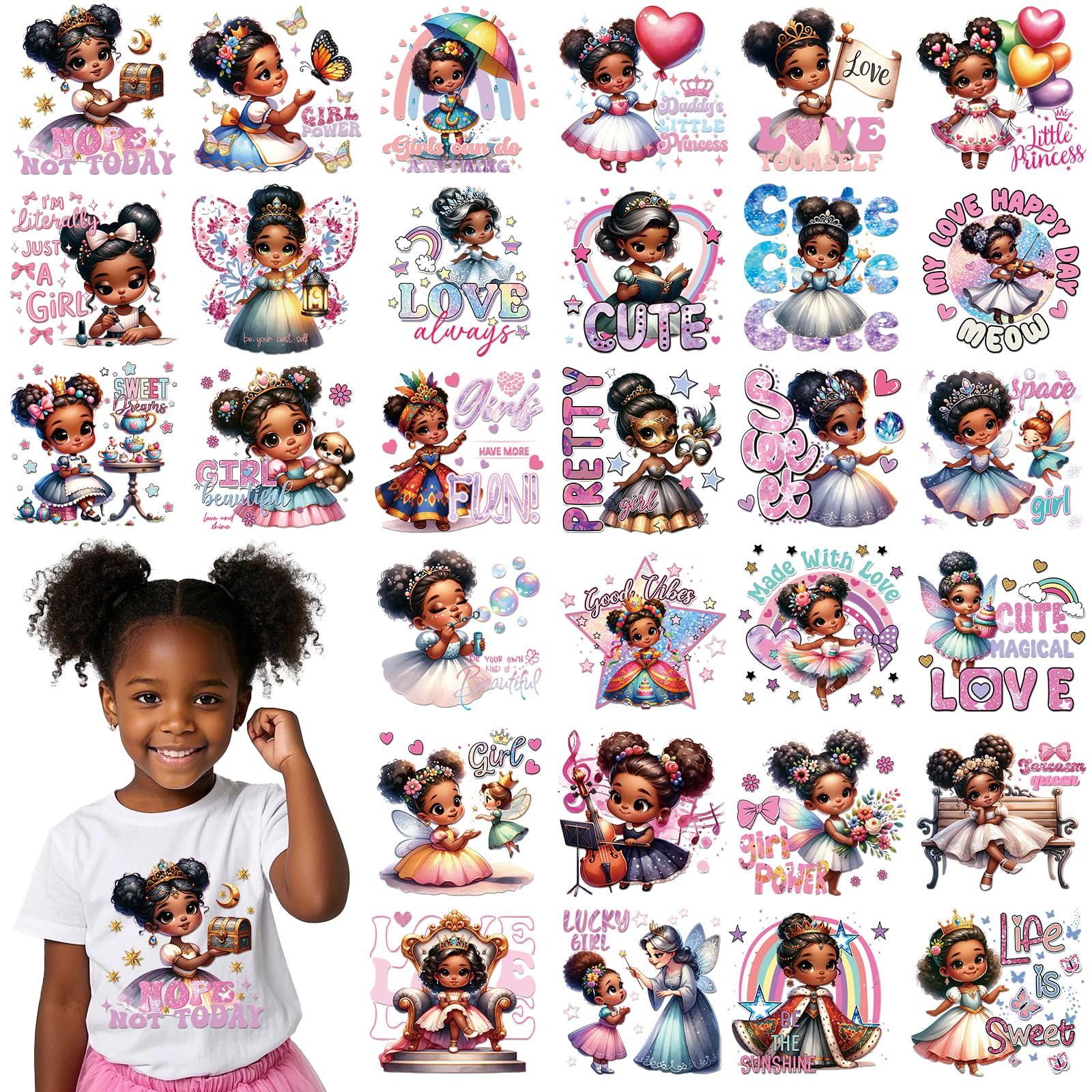 Dazoratix Adhesivos termotransferibles para niñas negras – 30 piezas listas para presionar, pegatinas de transferencia de calor para camisetas, manualidades, ropa de mujer, calcomanías de almohada,