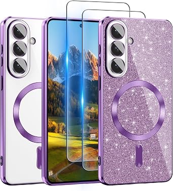 ATUMP for Samsung Galaxy S26 Case Compatible with MagSafe, [Glitter Card & 2PCS HD Screen Protectors] Cute Bling Sparkly [Never Yellowing], Slim Anti-Scratch Soft Clear Case for Galaxy S26, Purple