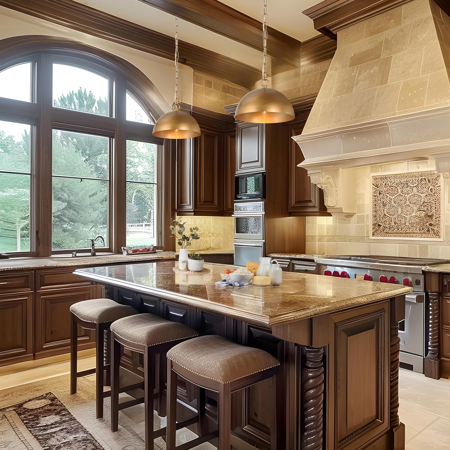 LALUZ 10" Large Dome Pendant Light, Antique Brushed Gold Pendant Lights Kitchen Island Modern Metal Adjustable Hanging Light Fixtures for Dining Room Bedroom Hallway