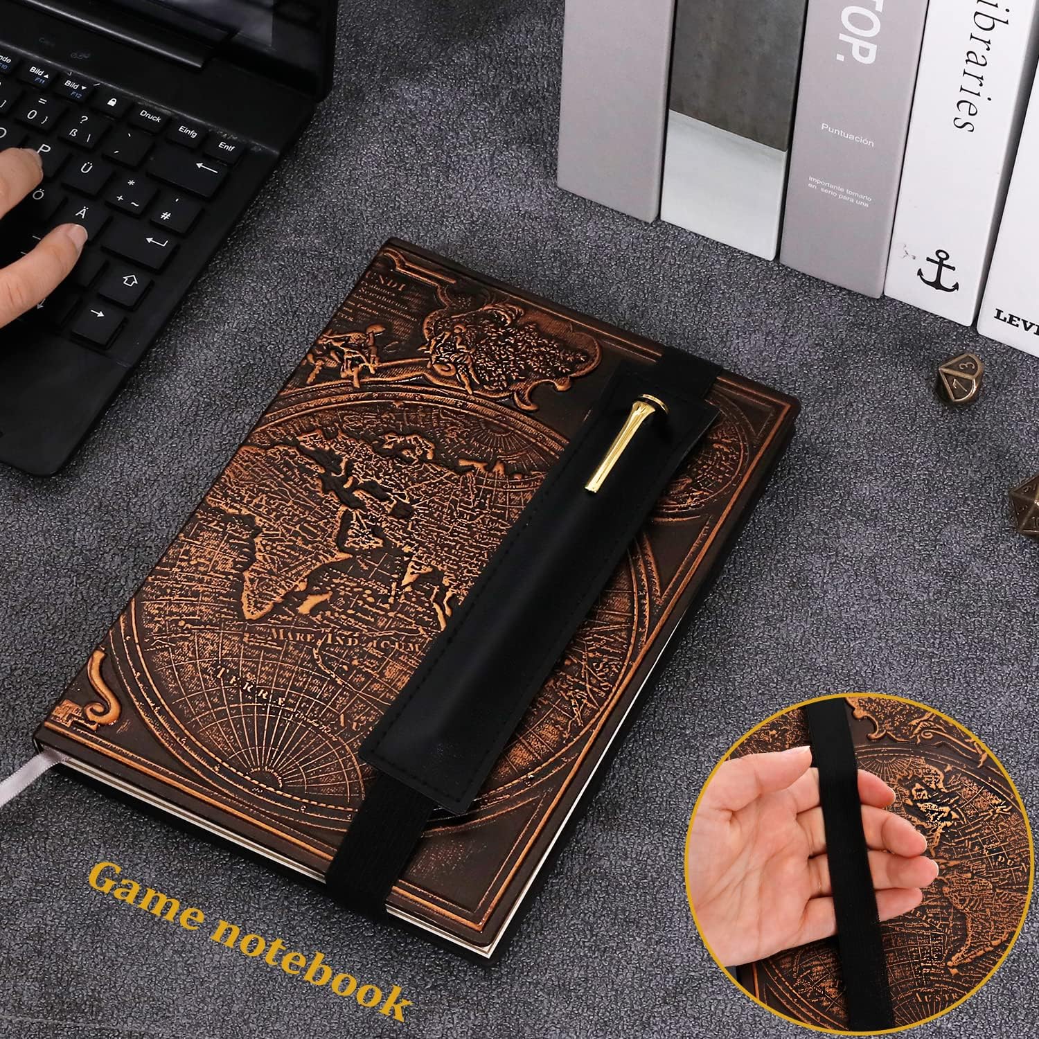 FEIDIAO Vintage Map Embossed Leather Notebook Travel Journal,A5 Writing Journal,Diary Notebook, Antique Handmade,Lined Hardcover,with Black Ballpoint Pen and Pen Sleeve,Writing Gift(Red Copper) - Image 2