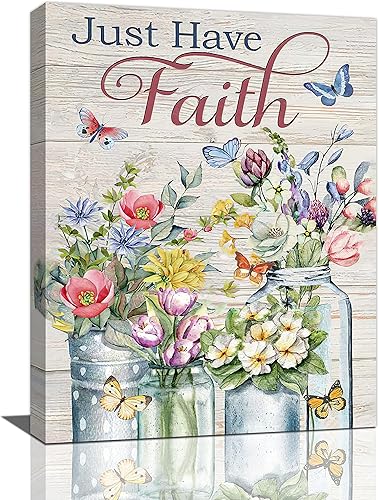 Arte de pared floral para baño, diseño de flores de campo, mariposa, baño, decoración de pared, rústico, botánico, baño, lienzo impreso, pintura