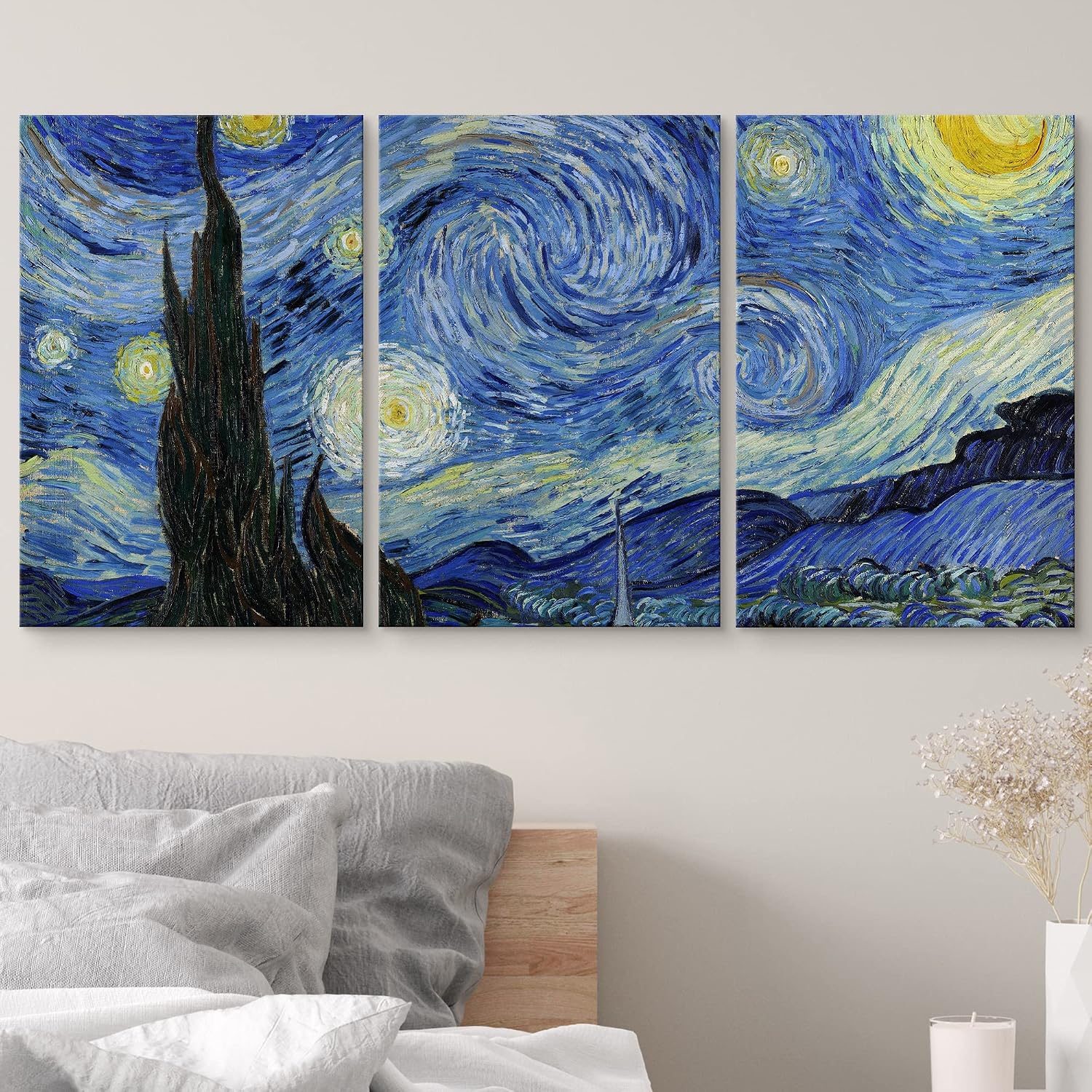 wall26 Canvas Print Wall Art Set Starry Night by Vincent Van Gogh Nature Wilderness Illustrations Fine Art Relax/Calm Multicolor for Living Room, Bedroom, Office - 16"x24" x 3 Panels