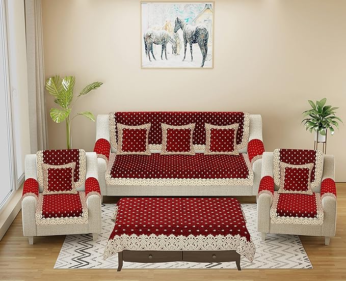 jayvaam Premium 5 Seater Printed Sofa Cover Set with Cushion & Table Covers 3, 2 Seater 16 Piece Sofa Back Slip Panels, Covers, Protector for Single Seater, Mahroon,Chenille,