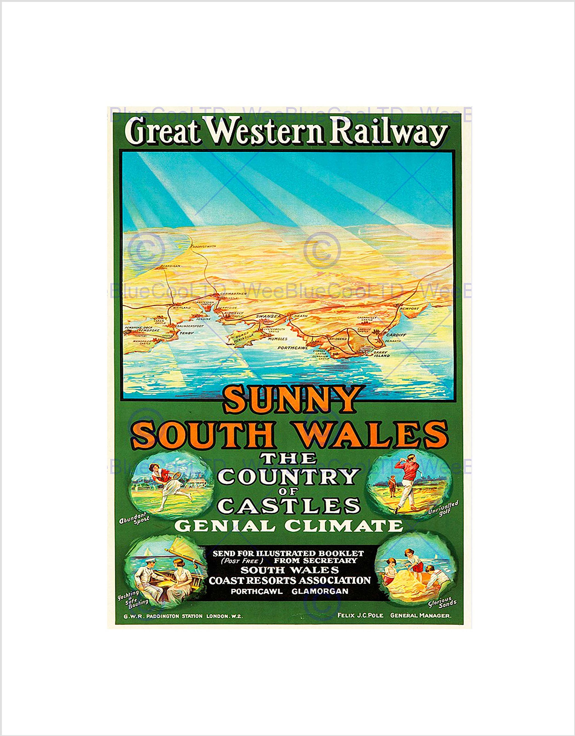 Wee Blue Coo Travel Tourism Gwr Railway Wales Sport Fun Sun Map Wall Art Print