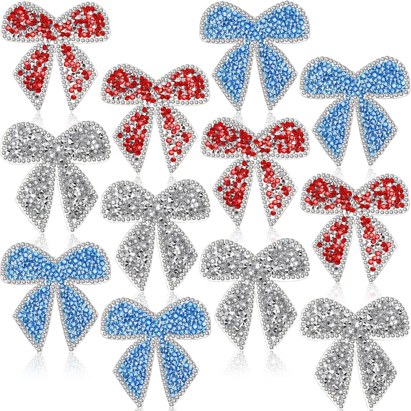 Photo 1 of Daifunli 12 Pieces Bow Knot Rhinestone Patches Sparkling Crystal Appliques Iron Sew on for Jeans Jackets Bags Backpacks Hats Shoes Clothes Decorations Crafts (Silver,Blue,Red)