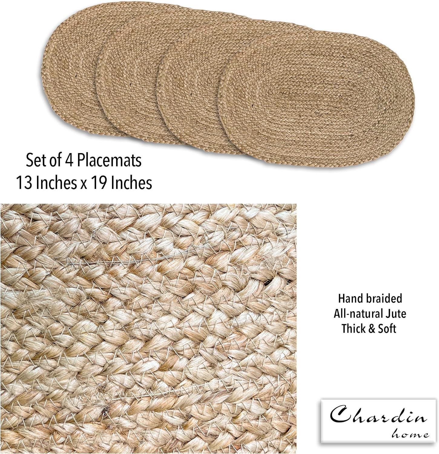 Chardin Home Set of 4 Jute Braided Oval Placemats – 13x19 Inch Rustic Natural Jute Table Mats | Handwoven Boho Farmhouse Style | Eco-Friendly Artisan Dining Decor