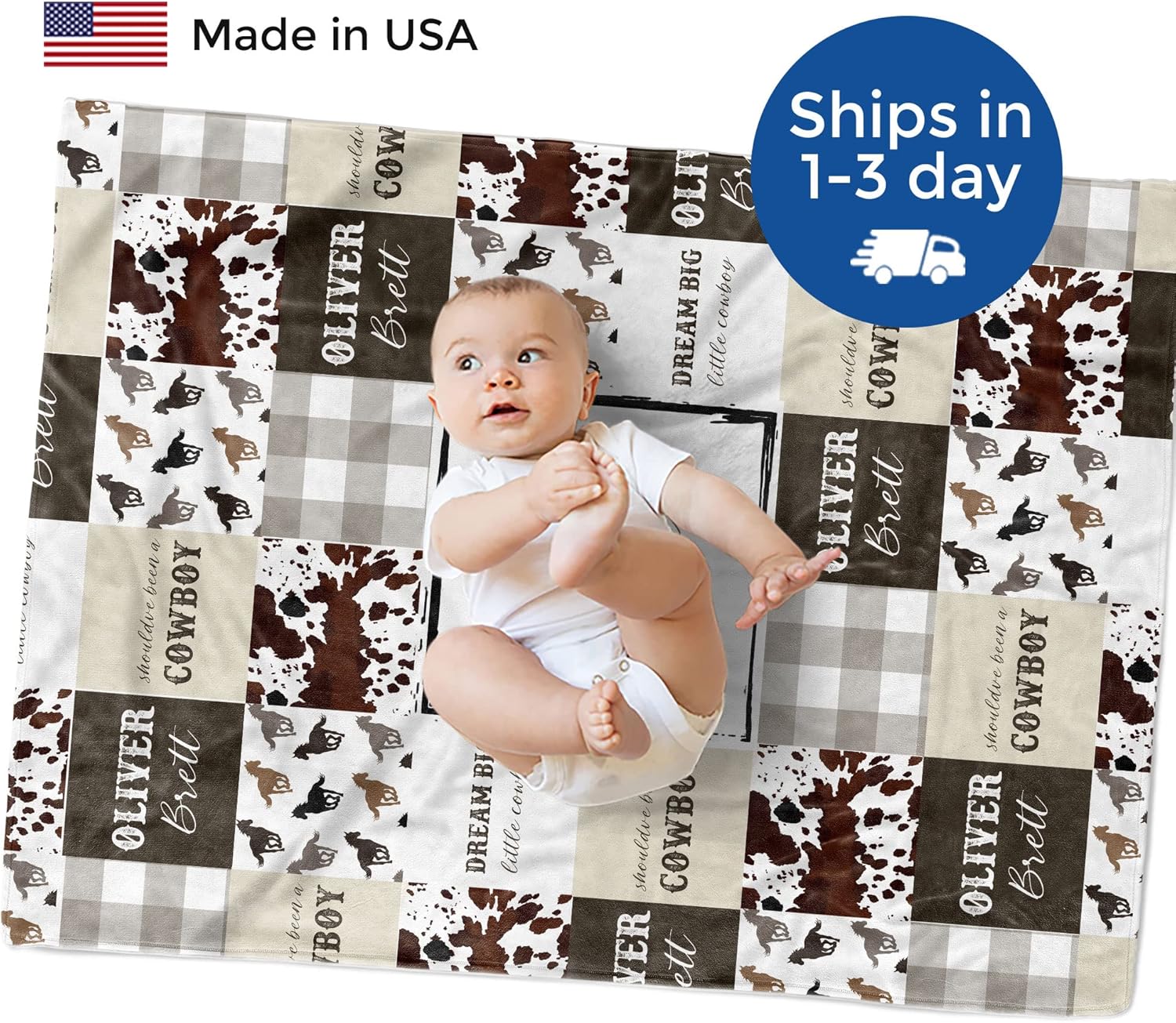 MDPrints Cowboy Personalized Baby Blankets for Boys, Personalized Baby Gifts with Name, Customized Baby Blanket, Newborn Boy Gift, Soft Fleece
