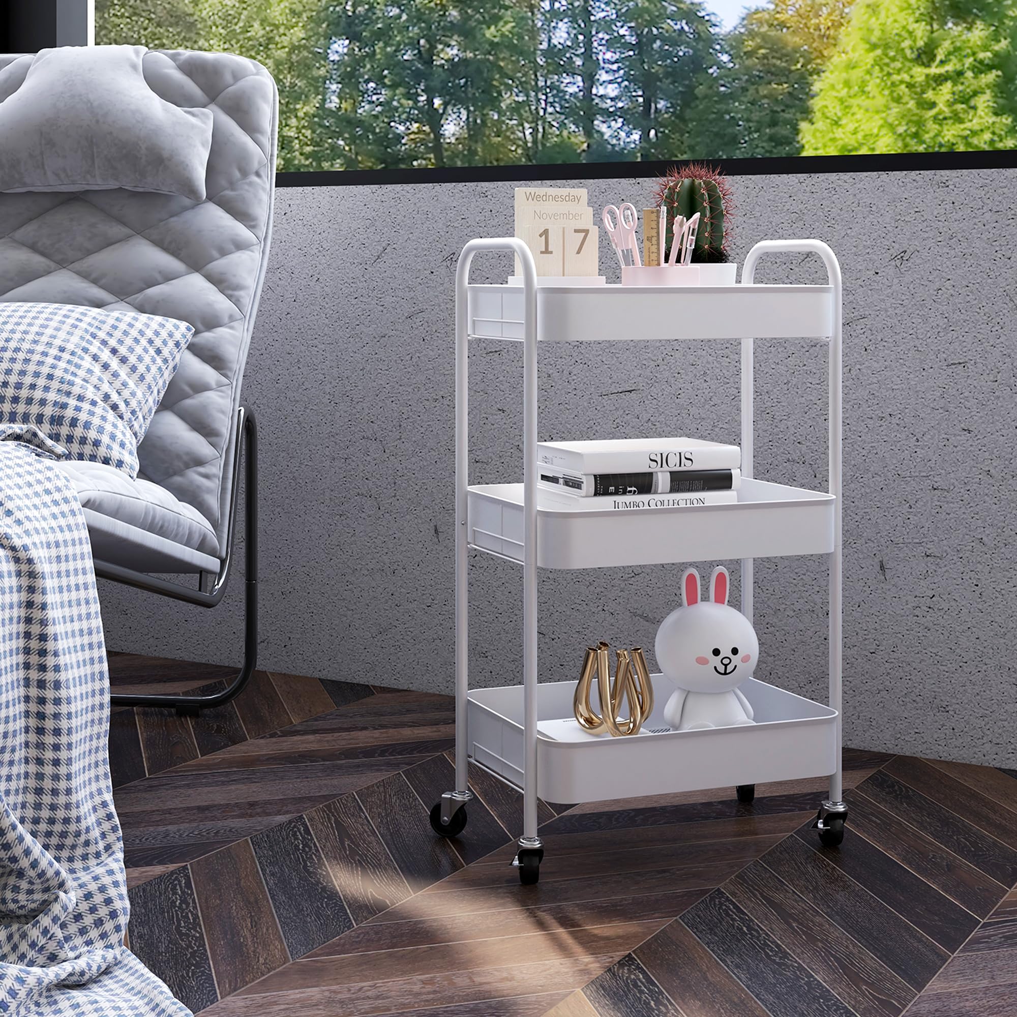 HOMCOM Chariot de Rangement en Acier 3 Niveaux Plateaux ajourés 45 x 30,6 x 79 cm Blanc