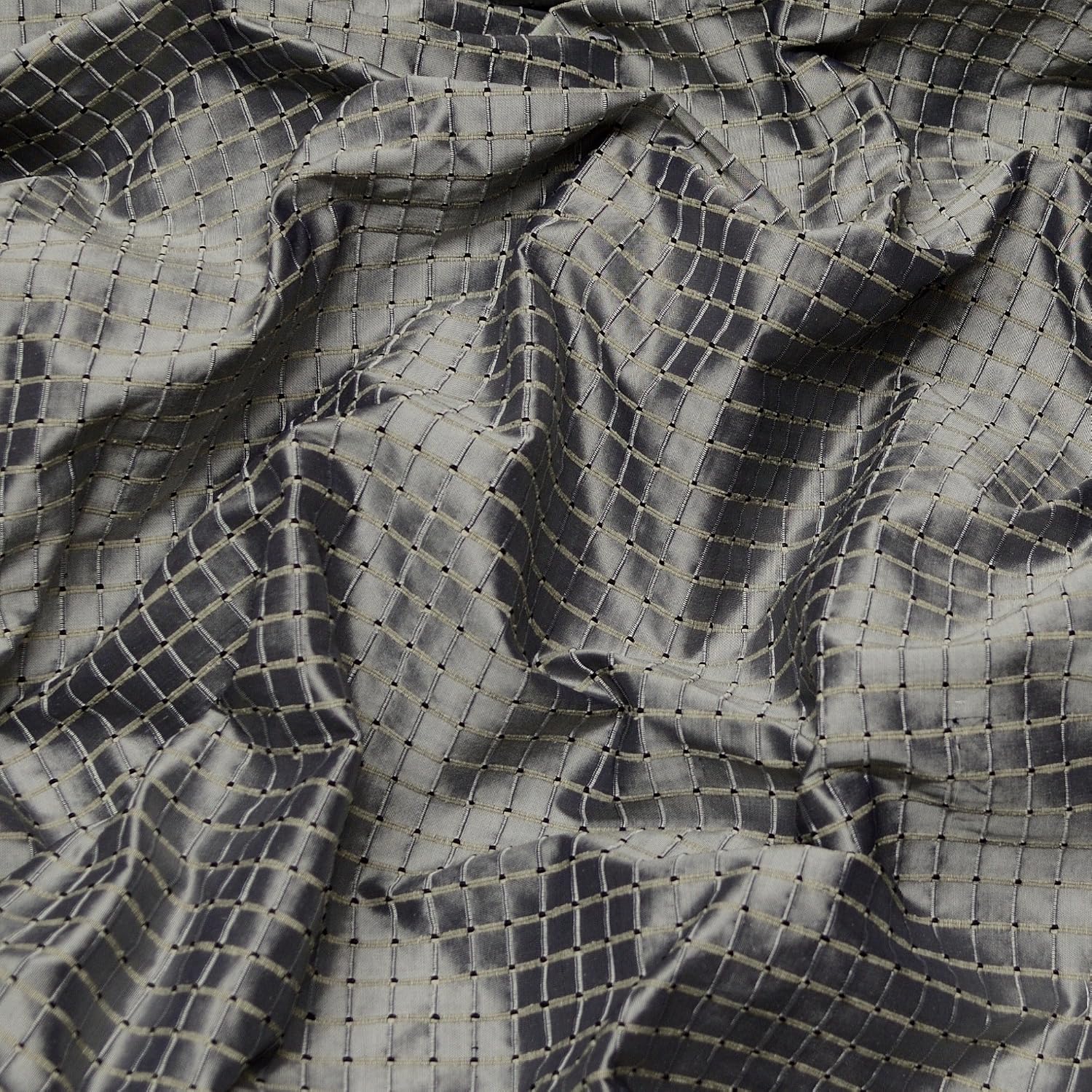 Silver Shantung Dupioni Corded Checks, 100% Silk Fabric, by The Yard, 54" Wide