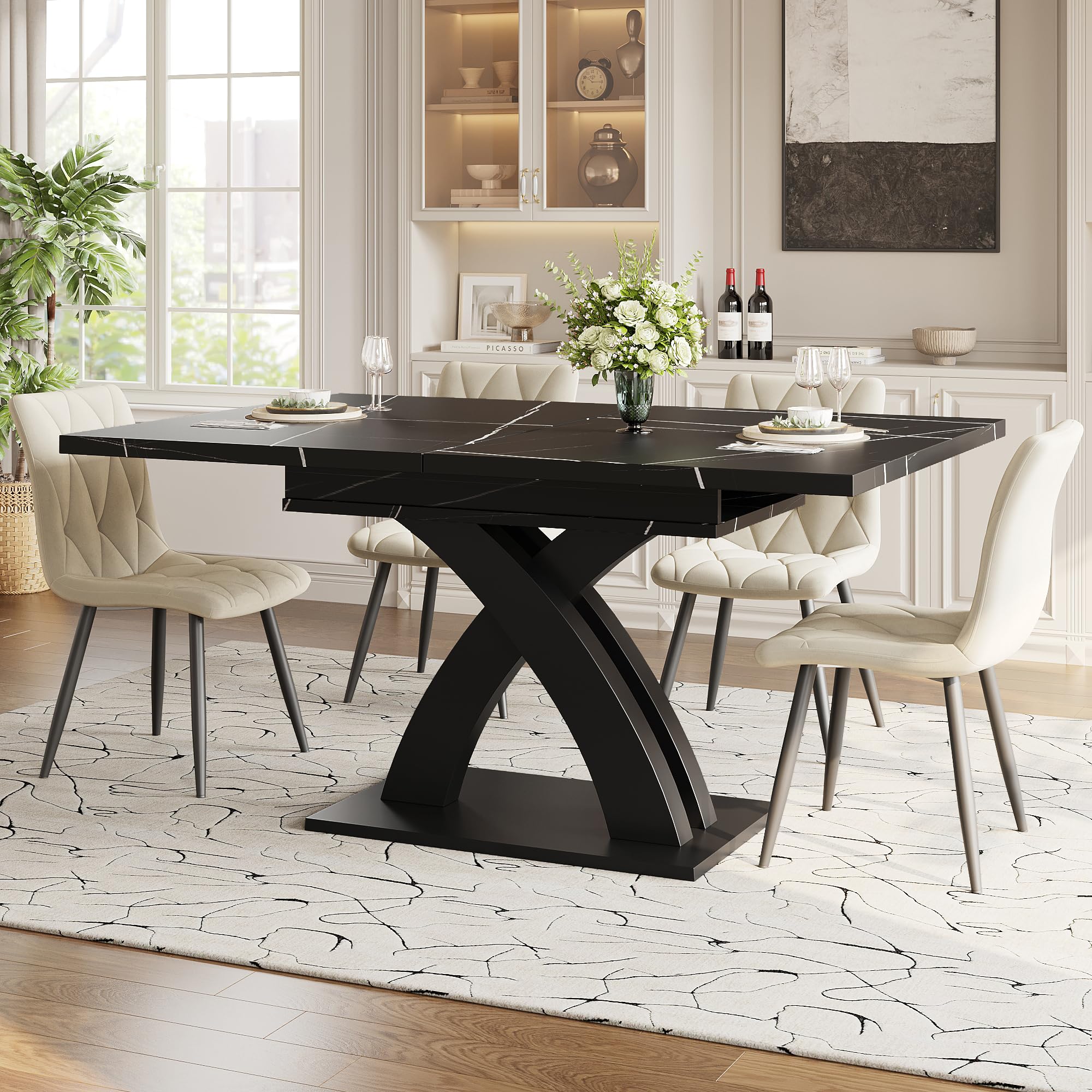 Esstisch Ausziehbar mit X-Förmige Tischbeine für 4-6 Personen, Esszimmertische Küchentisch mit Unverwechselbare Muster, Esstisch Holz Esszimmertisch Ausziehbar, 120-160x80x76 cm, Schwarz