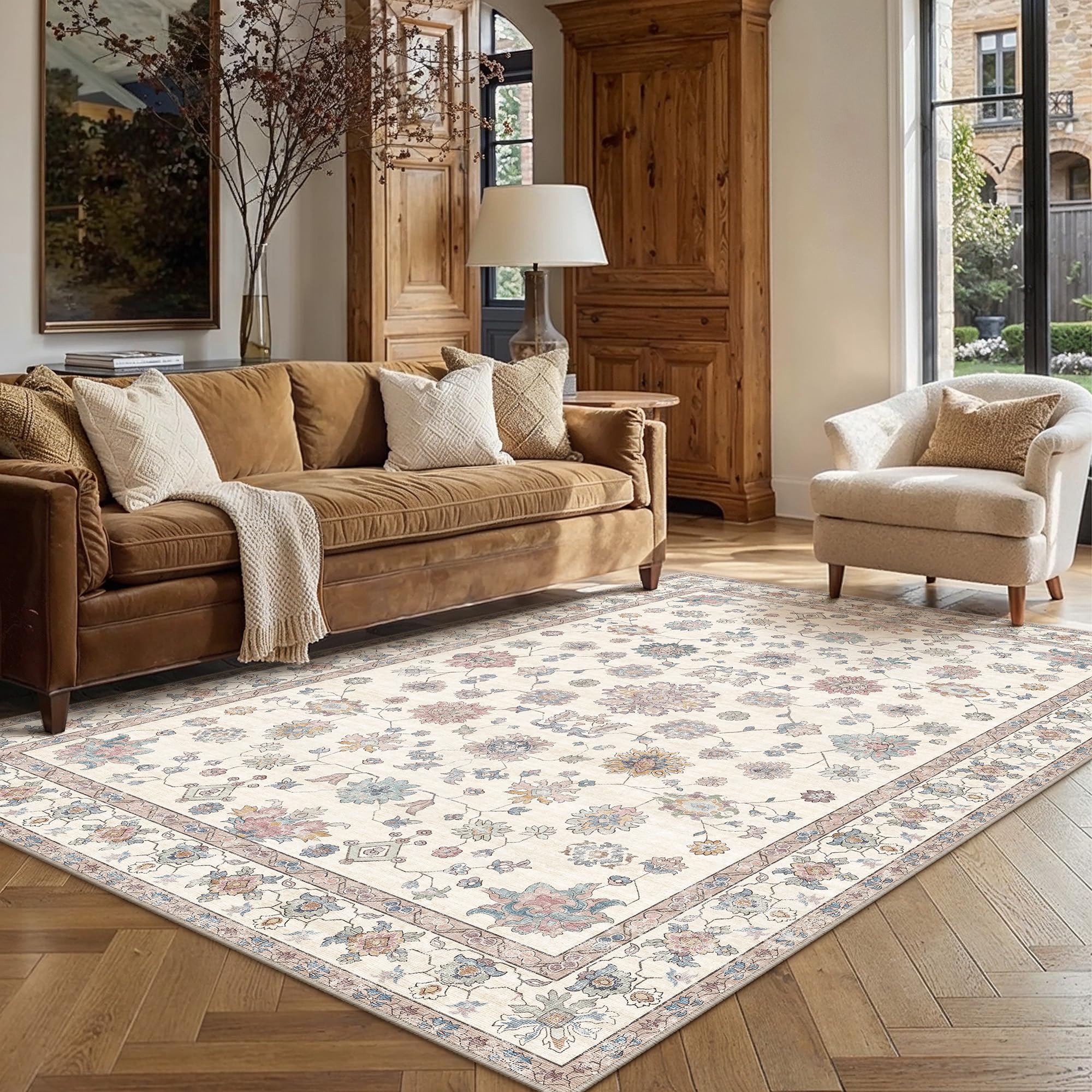 PureCozy Rugs Living Room 120x170cm Beige Washable Non Slip Large Vintage Area Bedroom Rug Bedside Nursery Lounge Office Playroom Indoor Big Carpet Low Pile Carpets Retro