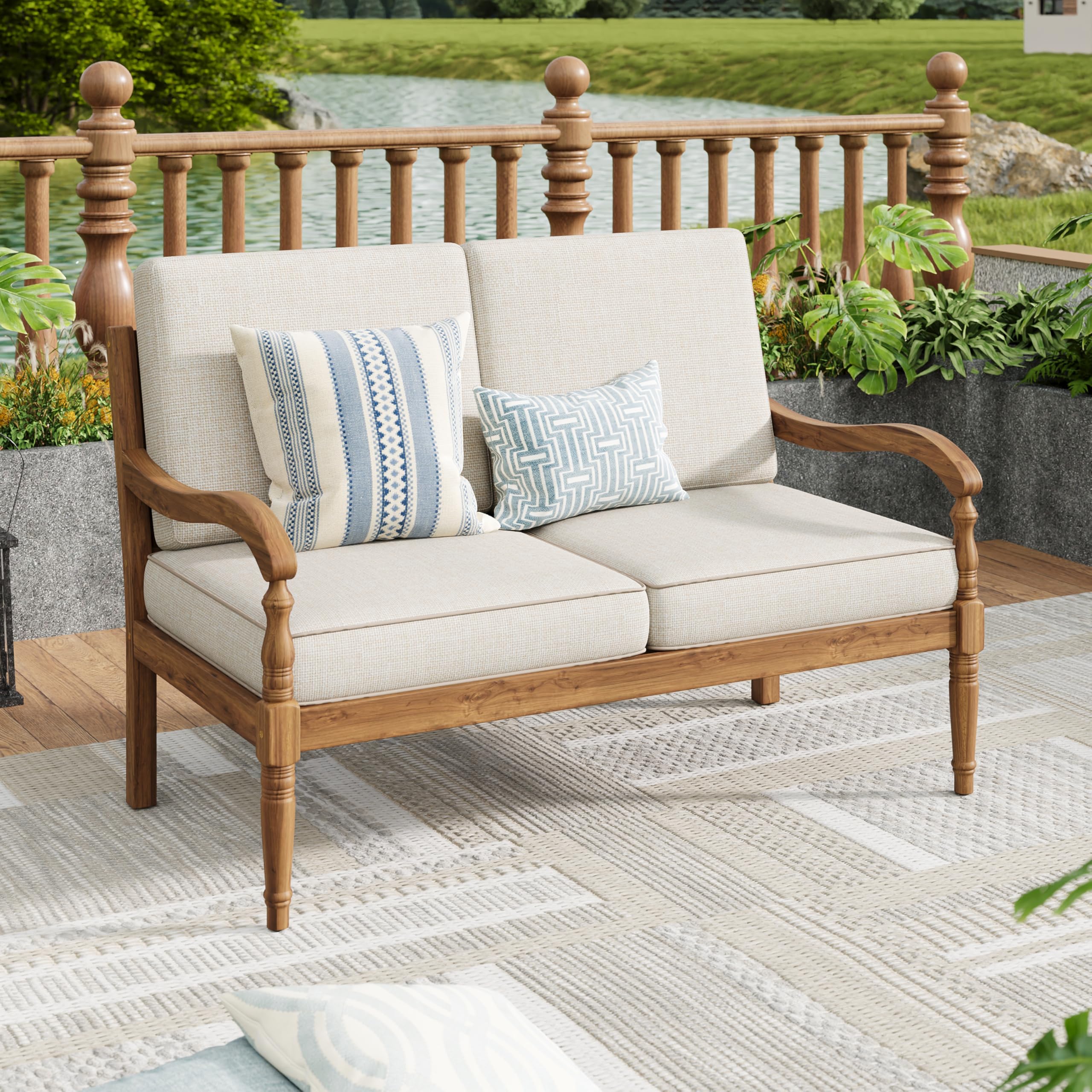 Christopher Knight Home Alice Acacia Wood Outdoor Loveseat, Wooden Patio Loveseat Sofa, Patio Furniture 2-Seater Sofa with Thick Cushions, Comfy