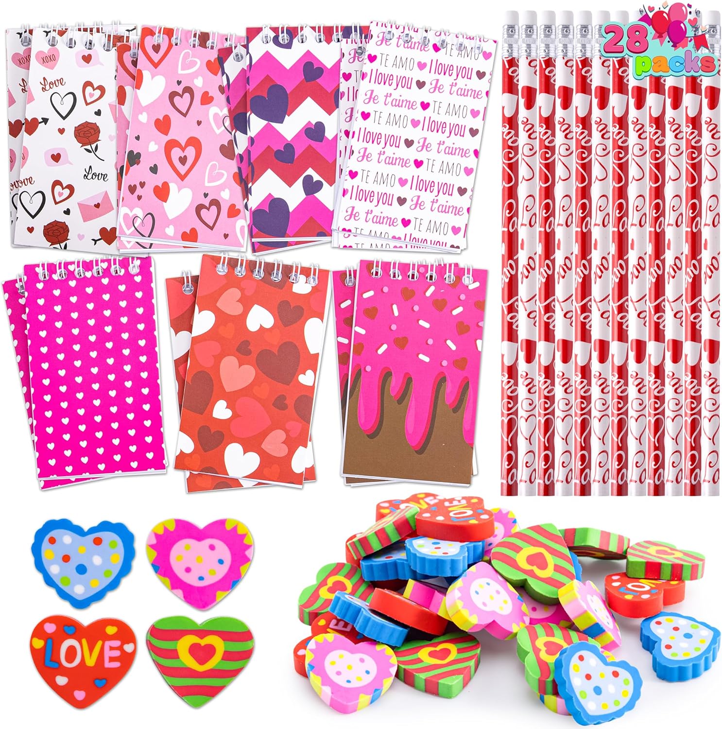 JOYIN 28 Packs Valentine Gifts for Kids, Notepad, Pencil and Eraser for Kids and Adults School, Party Favor Stationery Sets, Gift Set Classroom Exchange Toy
