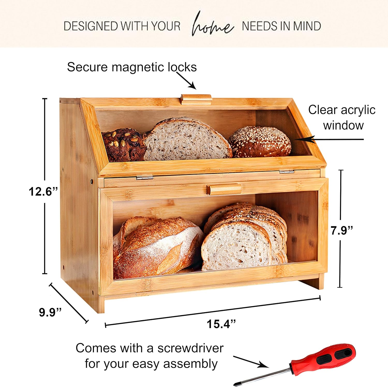 Bеѕt Rеvіеw Laura's Green Kitchen Bamboo Bread Box for Kitchen Counter - Double Layer Bread Storage with Clear Windows - Rustic Farmhouse Style Bread Bin - XL Bread Box (Self-Assembly)