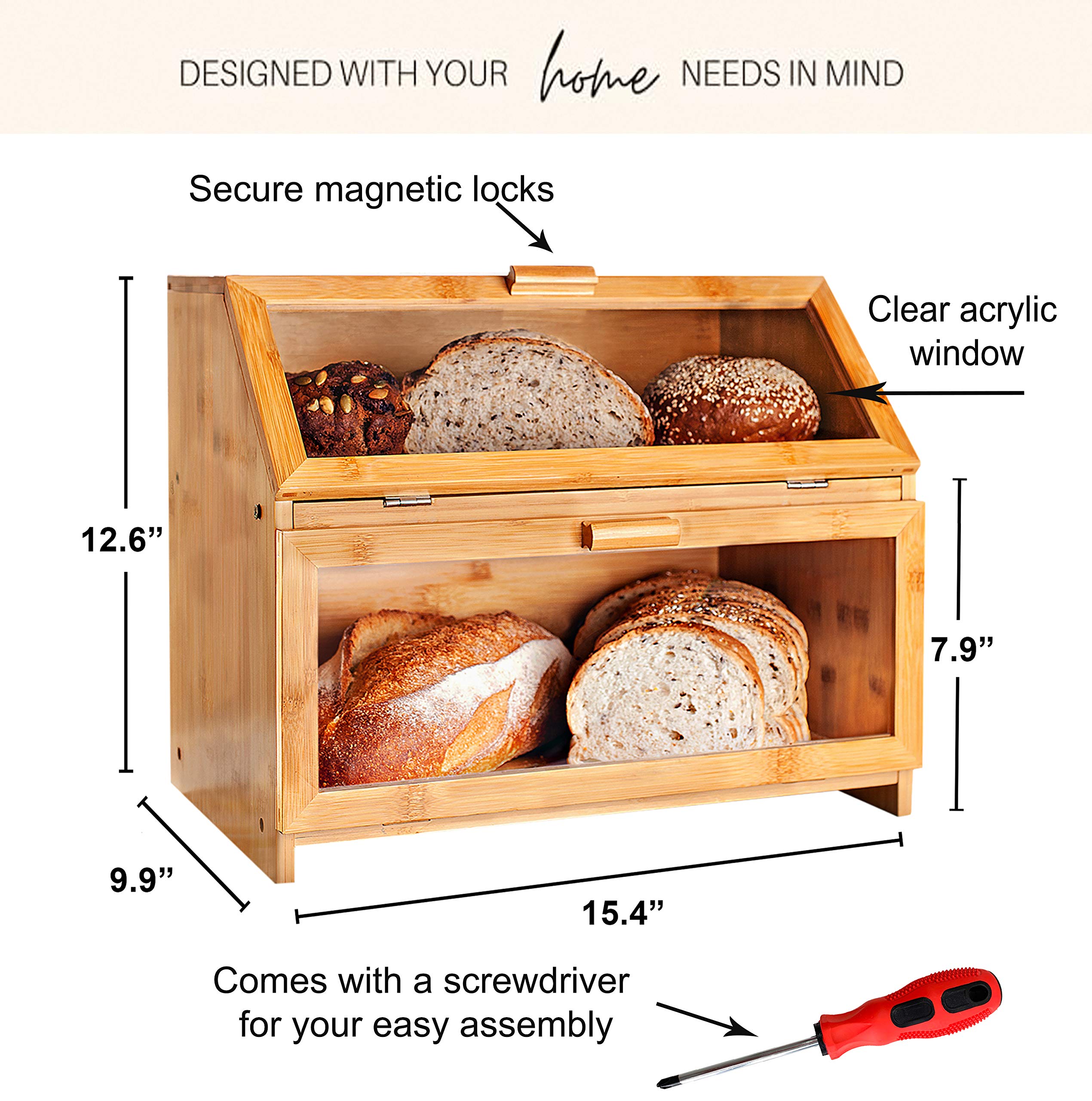 Laura's Green Kitchen Bamboo Bread Box for Kitchen Counter Double