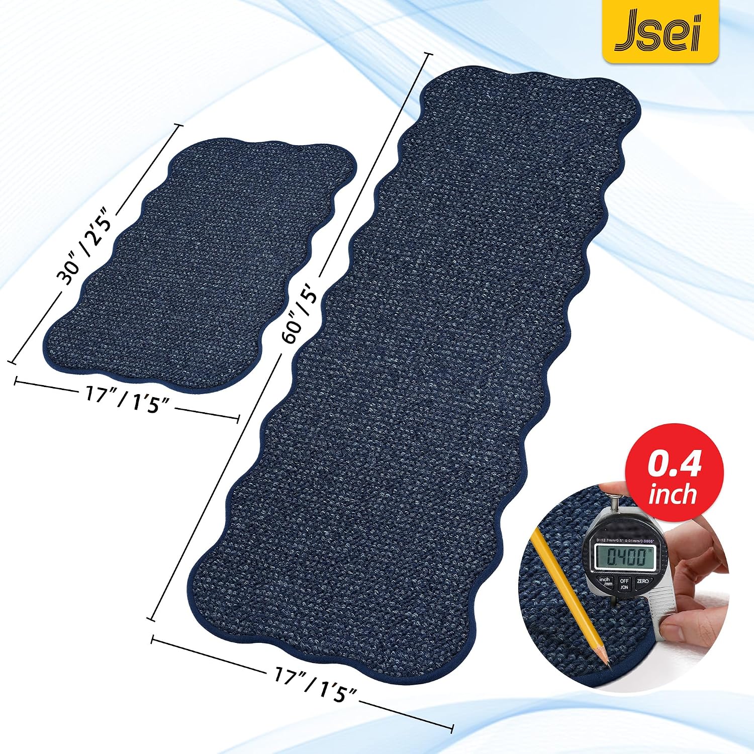 JSEI Scalloped Kitchen Rugs and Mats 2PCS, Kitchen Mats for Floor, Non-Slip Washable Kitchen Runner, Absorbent and Stain Resistant Rugs for Kitchen, Laundry & Sink, 17"x30"+17"x60", Blue