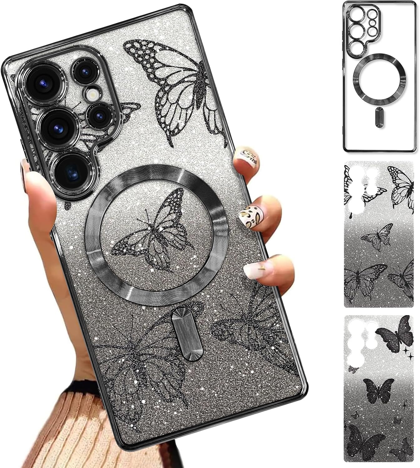 Case Fit for Samsung Galaxy S25 Ultra [Compatible with MagSafe] Glitter Bling Case [2 Pieces of Butterfly Design Insert] Soft TPU Shockproof Anti-Scratch Phone Cover for Women - Black for Samsung Galaxy S25 Ultra Black - Butterfly