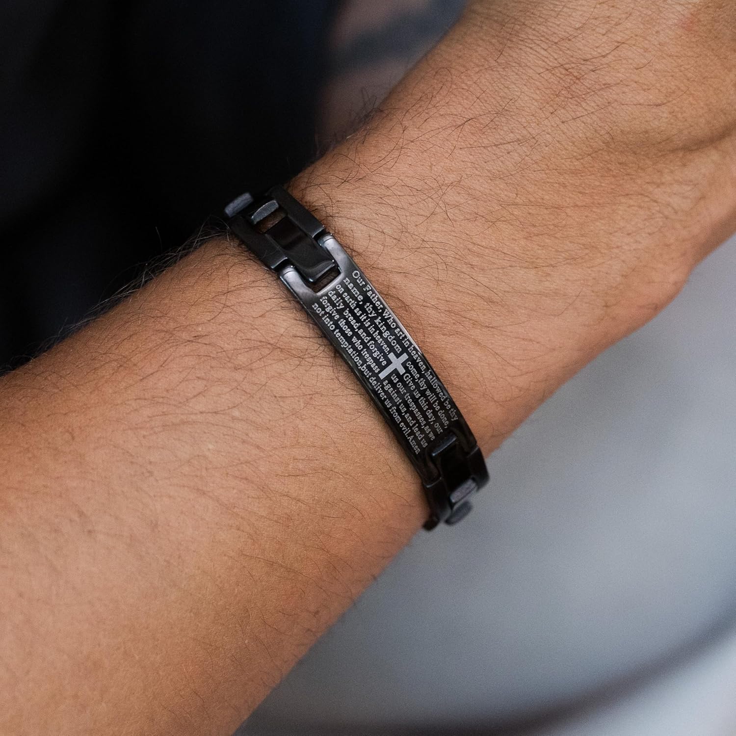 Engravable Lord's Prayer Bracelet for Him - Black Stainless Steel ID Bracelet - Men's Personalized Bracelets - Religious Gift for Him - Birthday Gift - Graduation Gift - Father's Day Gift - Gifts for