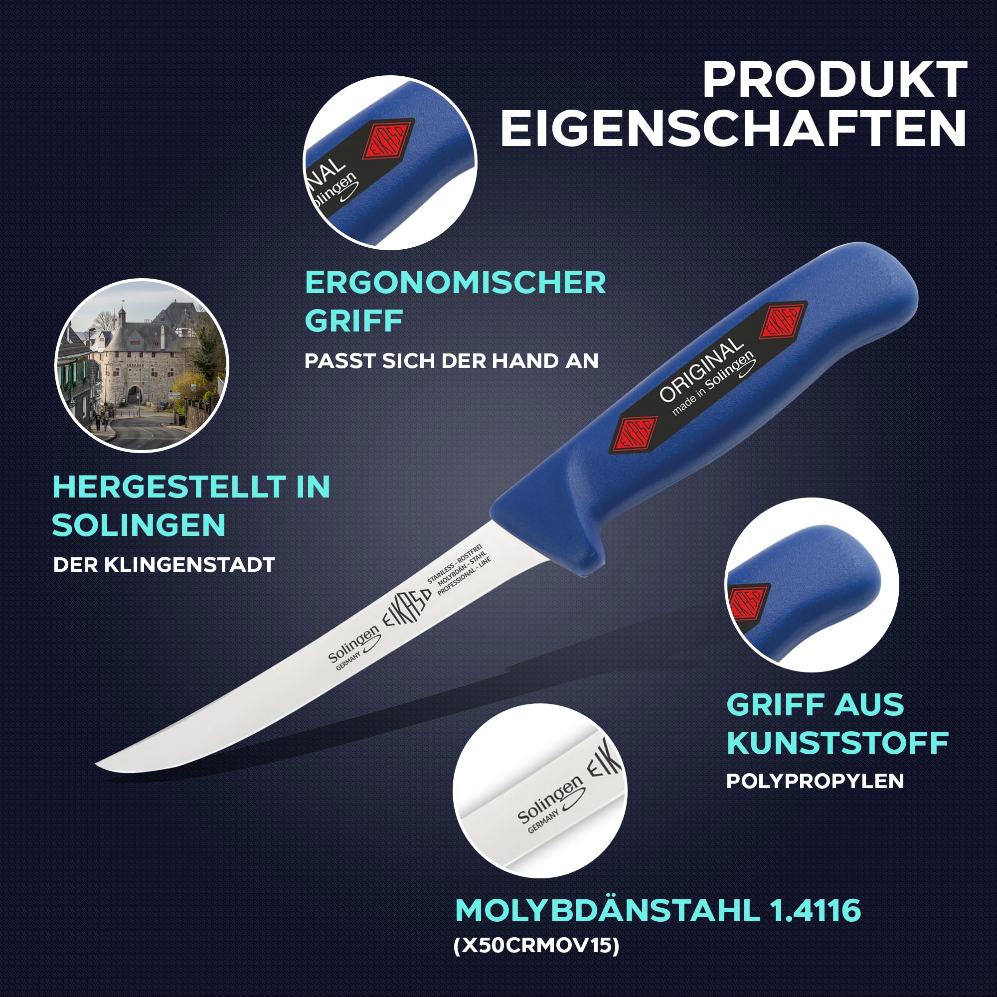 EIKASO | SOLINGEN Fischmesser Set 3 teilig perfekt geeignet für Anfänger, Profis und Fischliebhaber, Fischmesser mittelspitz, Filiermesser
