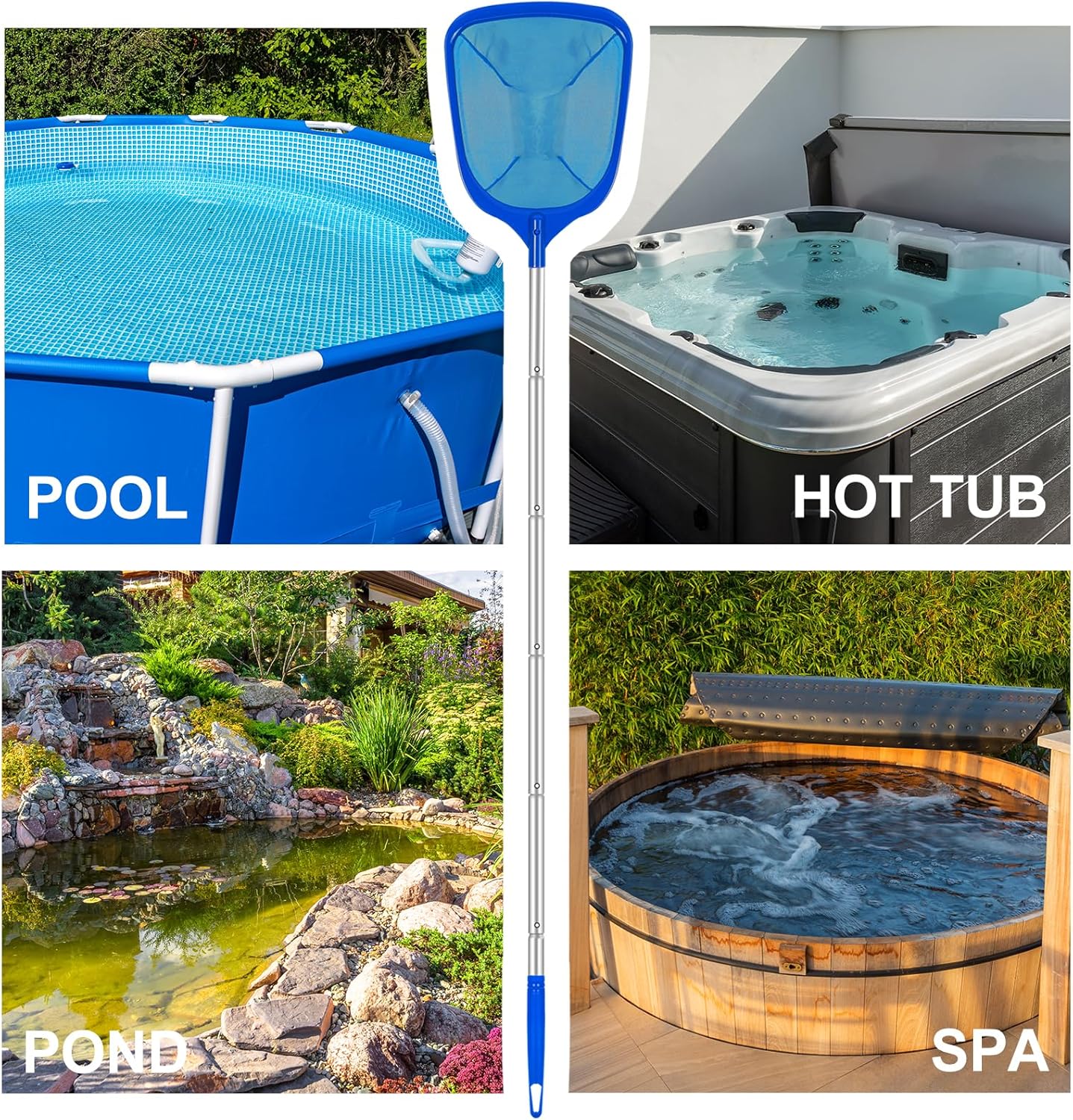 Pool Skimmer Net with Telescopic Pole – Fine Mesh for Leaves, Dust, Debris – Lightweight Safe-Edge Extendable 2.6–5.7 ft Aluminum Handle for Pools, Spas, Hot Tubs, Ponds & Garden Water