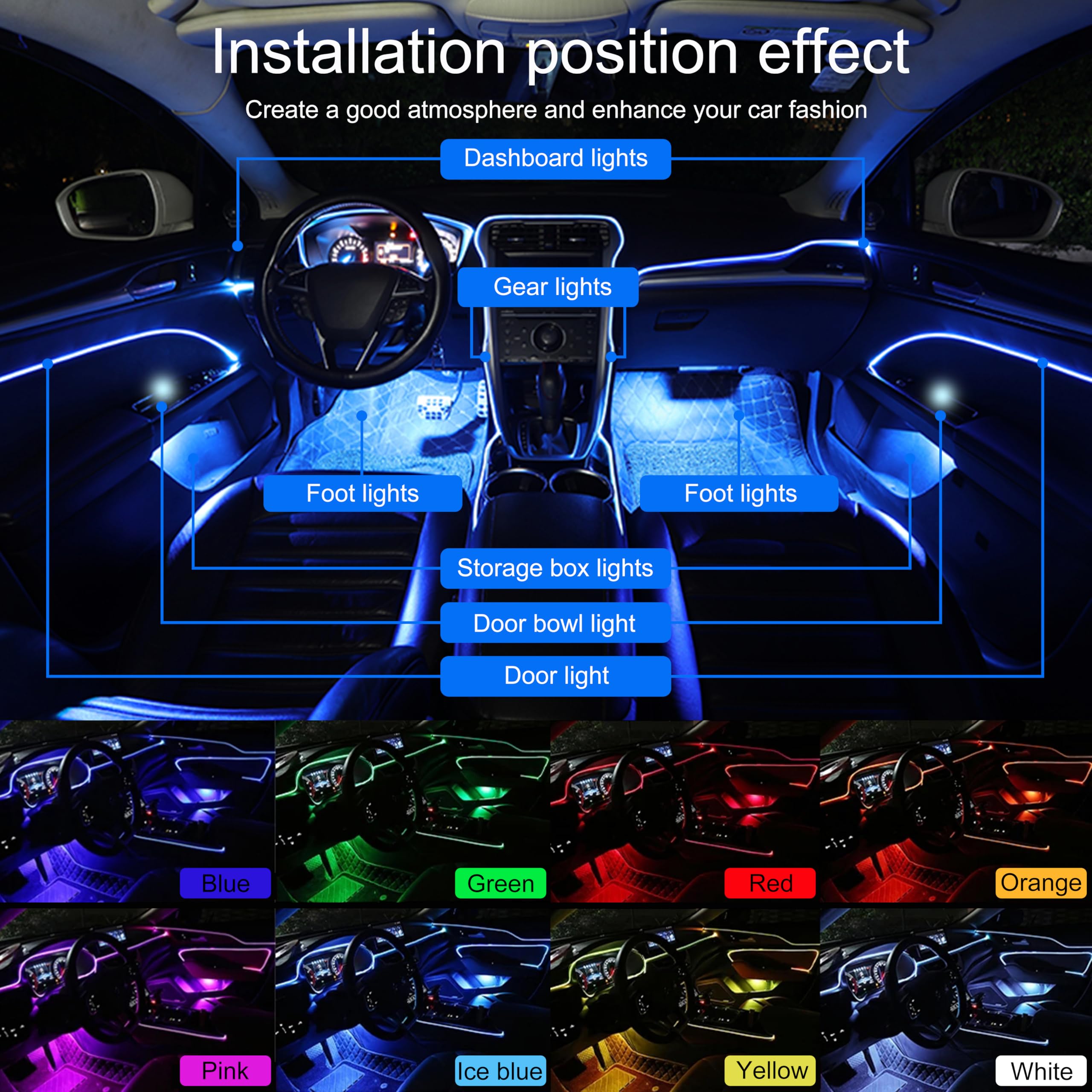 Auto Innenraum Umgebungsbeleuchtung Glasfaser RGB 64 Farben Mehrfarbig Musik Auto Fußraum Beleuchtung Kit mit Zigarettenanzünder und App Mikrofon, DC 12V-24V 1W 8m