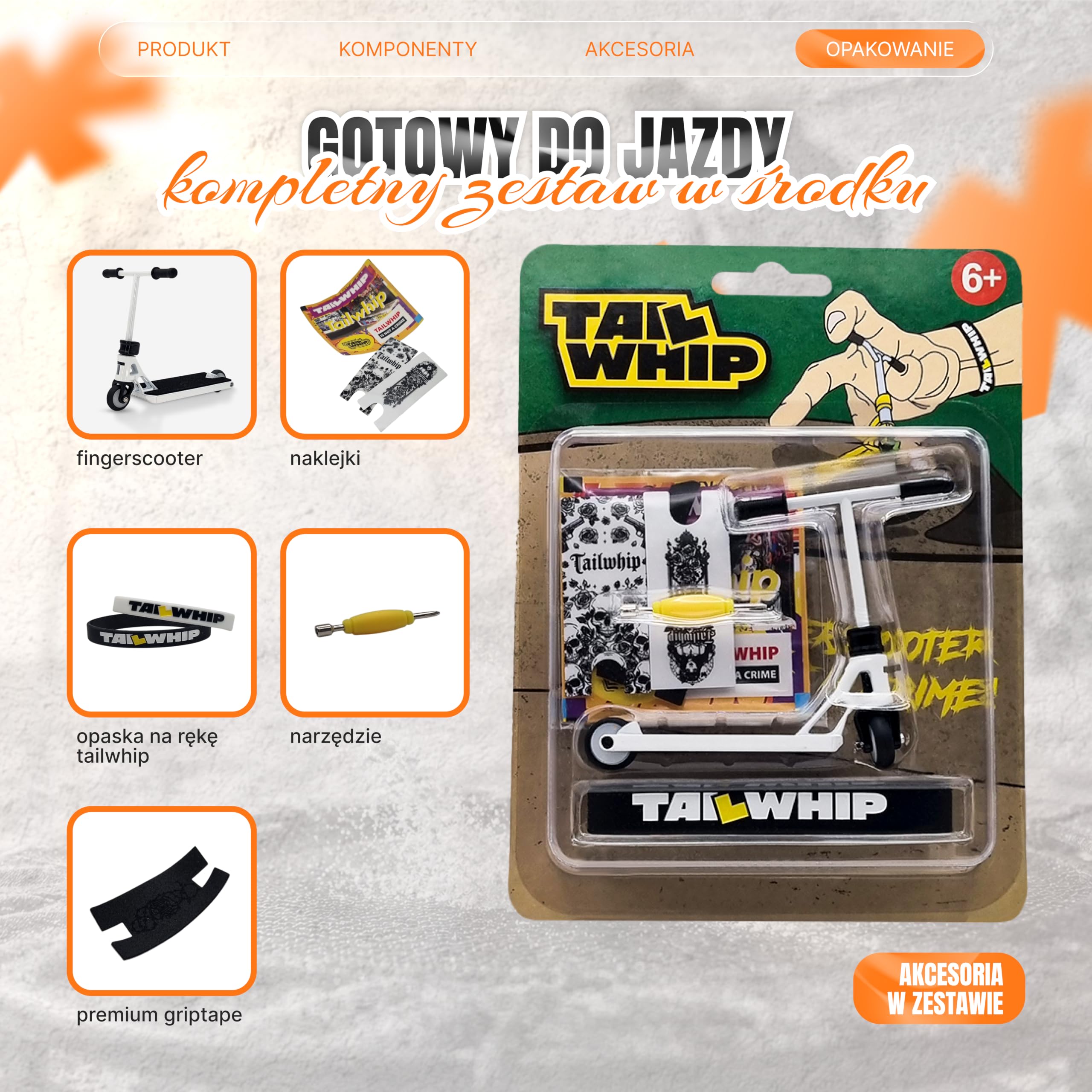 TAILWHIP Pro Finger Scooter z łożyskami kulkowymi – bez zabawy, cicha praca, naklejka na pokład do indywidualizacji, wytrzymała metalowa hulajnoga trick Scooter dla dzieci i dorosłych, biała