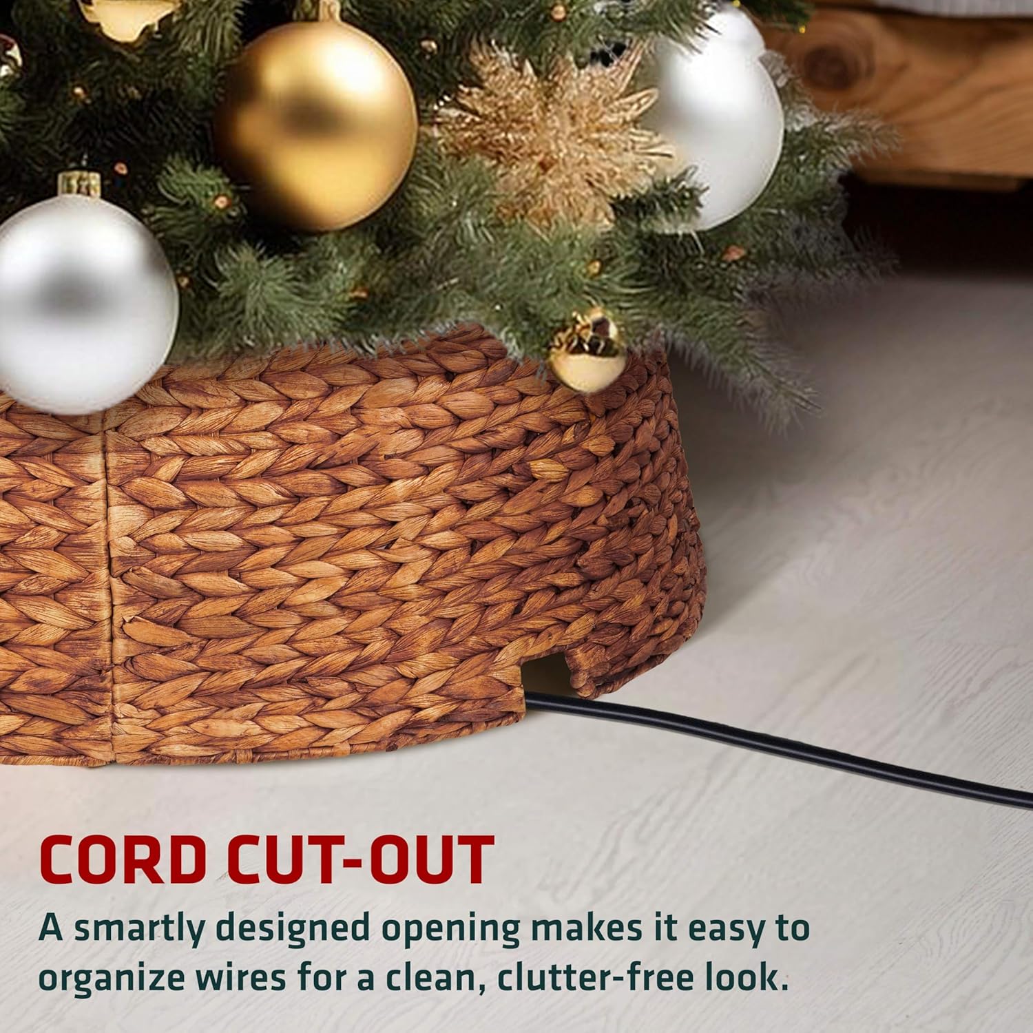 MIXUMON Handmade Water Hyacinth Christmas Tree Collar 24" – Rustic Basketweave Tree Base Cover, Eco-Friendly Skirt Alternative with Cord Cut-Out (Brown)