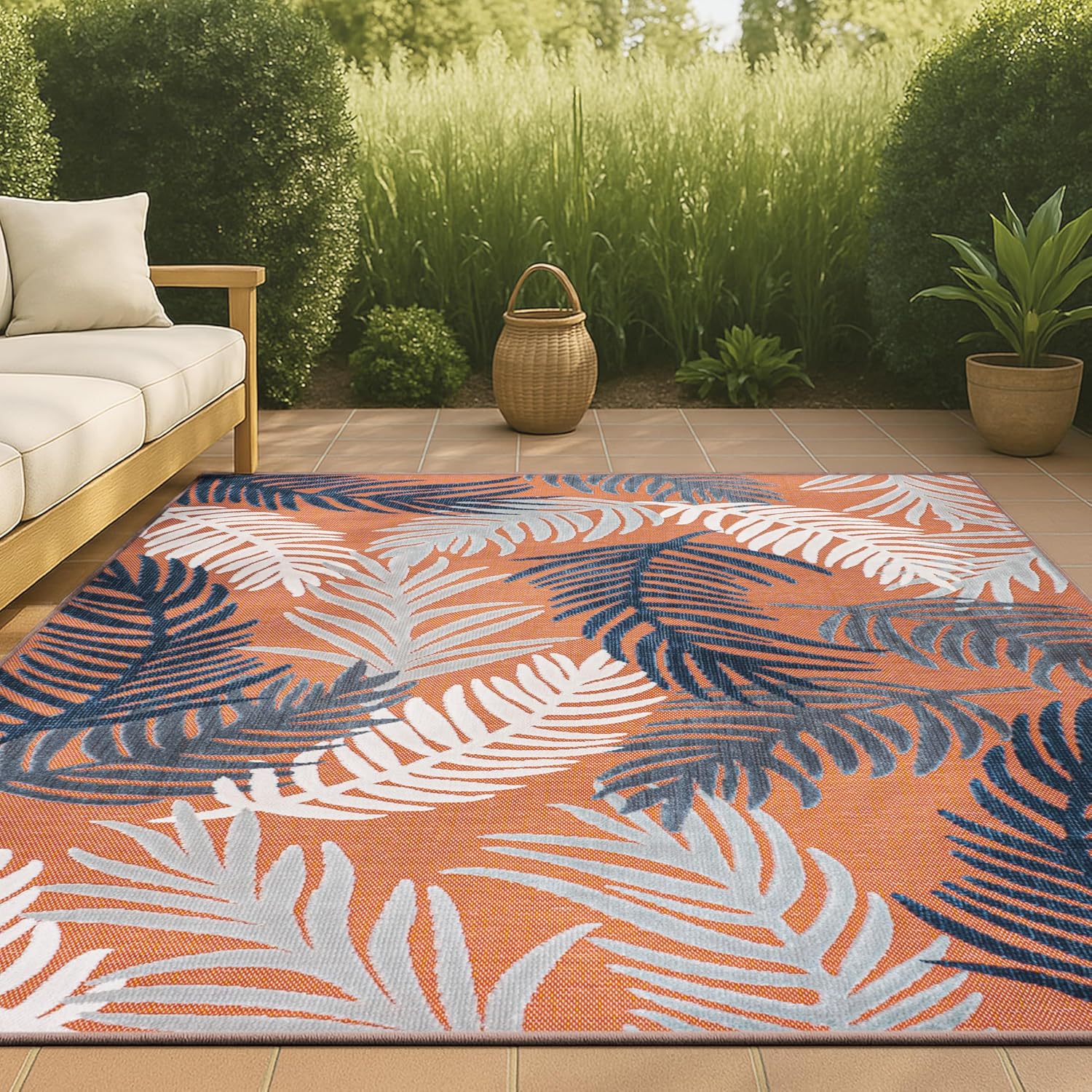 JONATHAN Y Tropical Palm Indoor Outdoor Area Rug 3X5 Orange/Navy/Ivory, Montego High-Low for Backyard, Patio, Porch, Easy-Cleaning, High Traffic, Pet-Friendly, Non-Shedding (HWC101A-3)