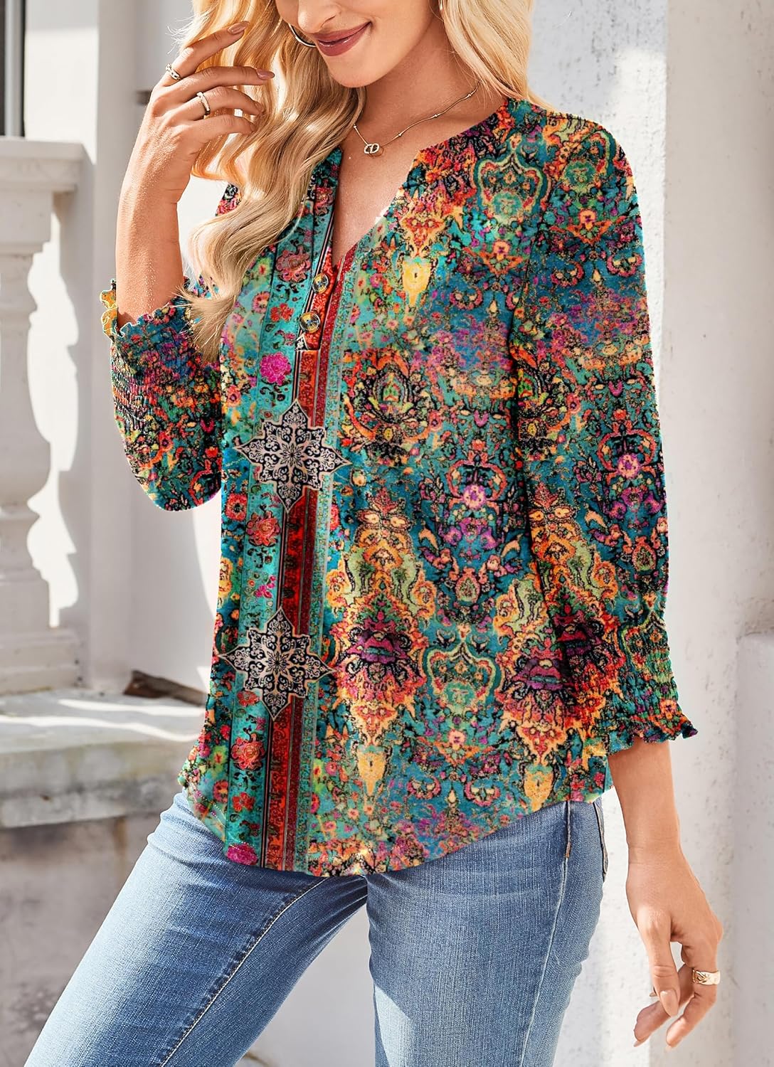 Hount 3/4 Sleeve Shirts for Women Dressy Casual Button V Neck Tops 2026 Summer Work Blouses Cute Henley Shirts - Image 3