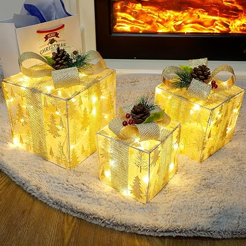 Miniatura 3 de Twinkle Star Juego de 3 cajas de regalo iluminadas de Navidad, adorno de falda de árbol de Navidad preiluminado, para interiores y exteriores, caja