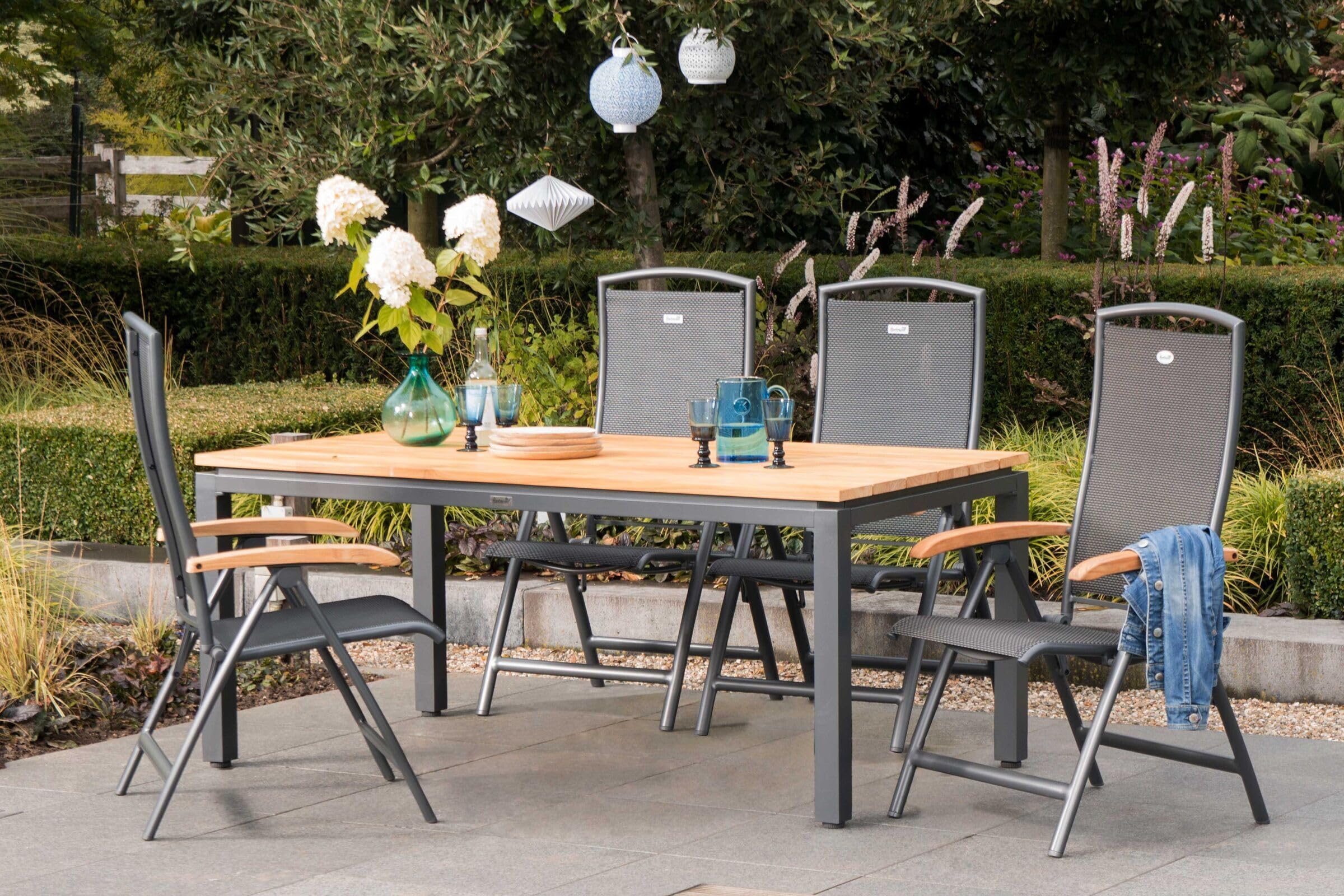 Hartman Multipositionssessel Raffaelo, Gartensessel in anthrazit, Garten-Stuhl aus Aluminium Alu, Klappsessel mit Textilene-Bezug, FSC-Teak-Armlehnen