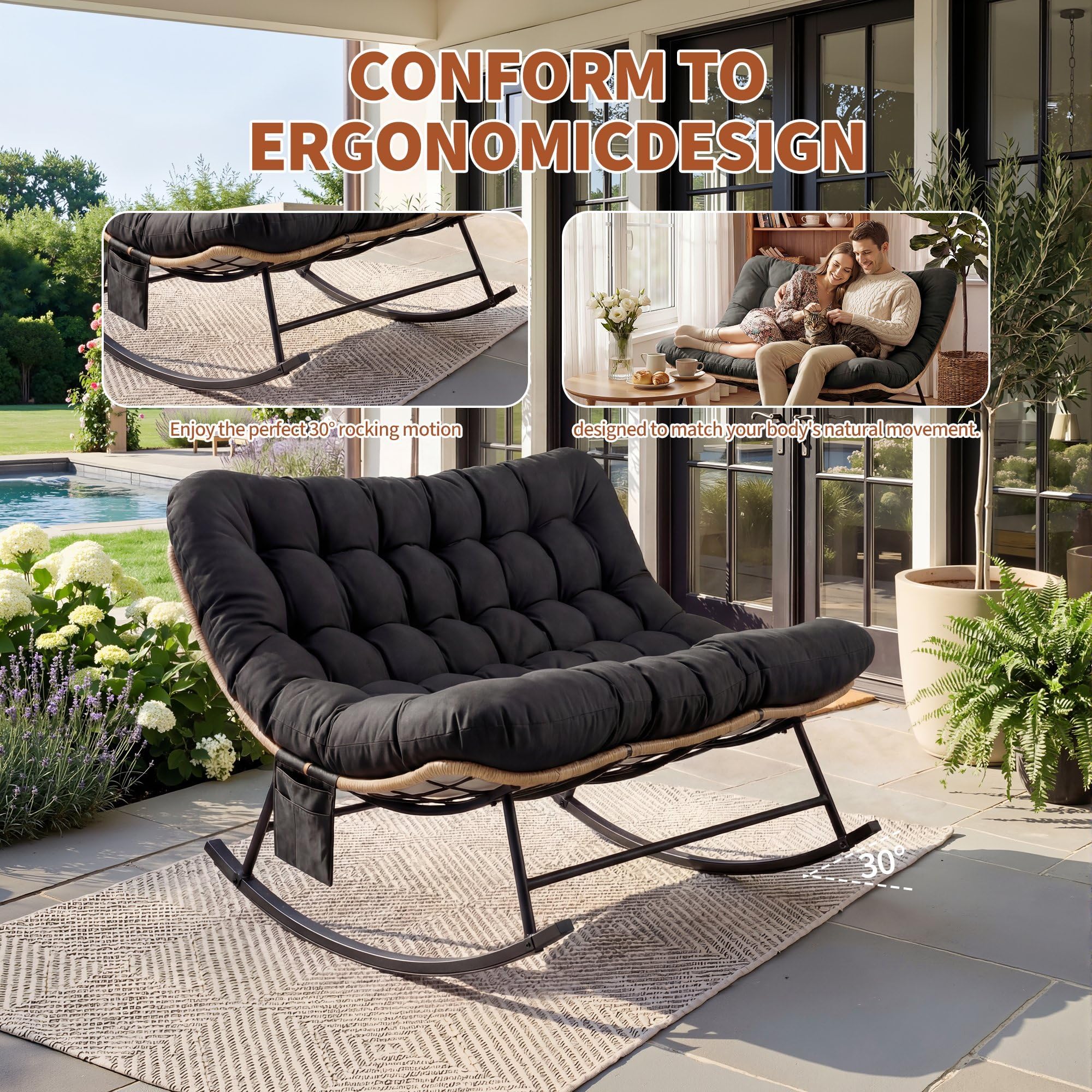 Garvee Silla Mecedora Robusta para Dos Personas - Cojín Grueso Impermeable, Estructura metálica, Capacidad 450 LB - Patio, jardín o Sala - Ratán Amarillo con cojín Negro, Doble