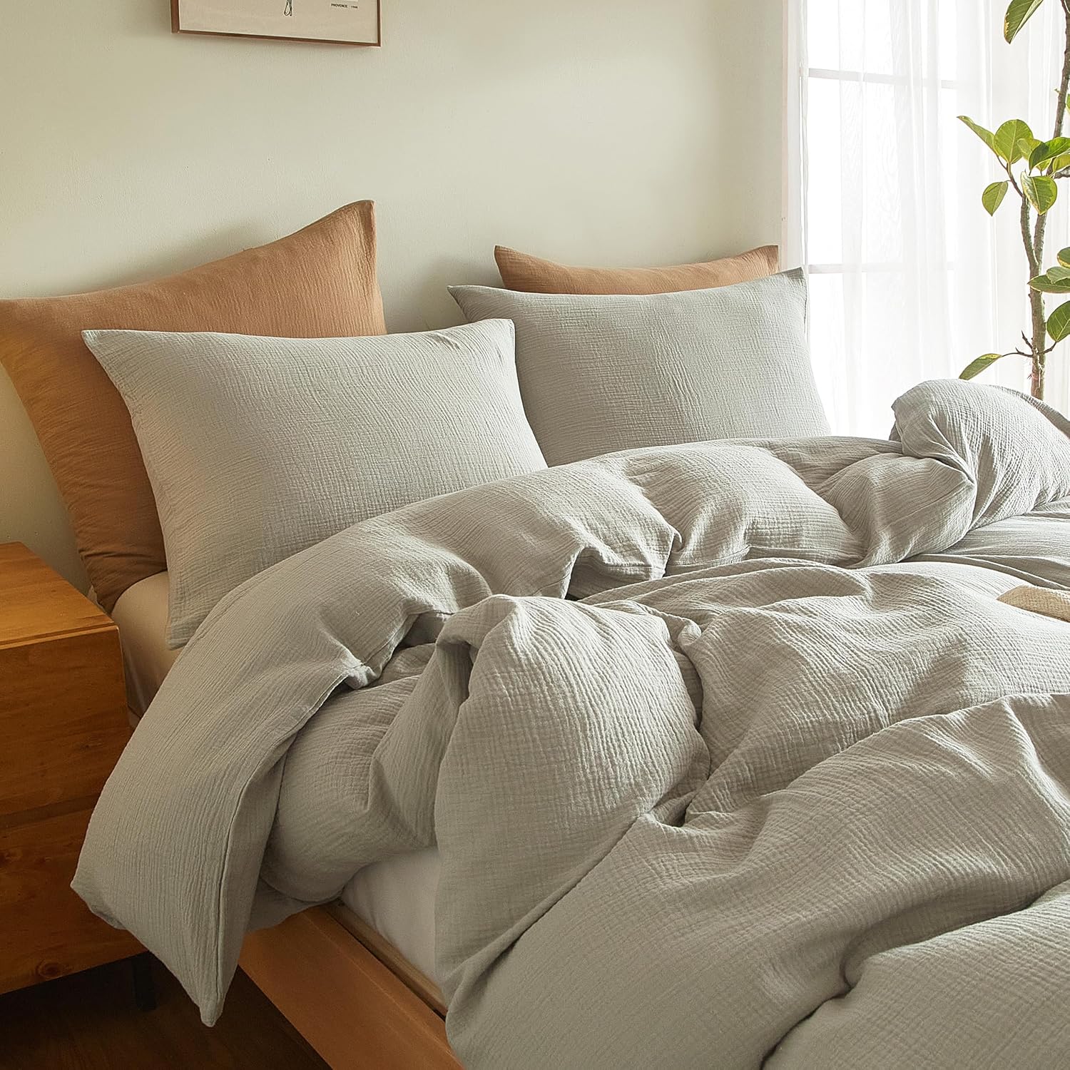 SE SOFTEXLY Muslin Duvet Cover Oversized King Size, 100% Washed Cotton Duvet Cover Set, Ultra Soft Comforter Cover Linen Like, 3 Pieces Gauze Duvet Cover with 2 Pillowcases, 98"x120", Smoky-Green - Image 3