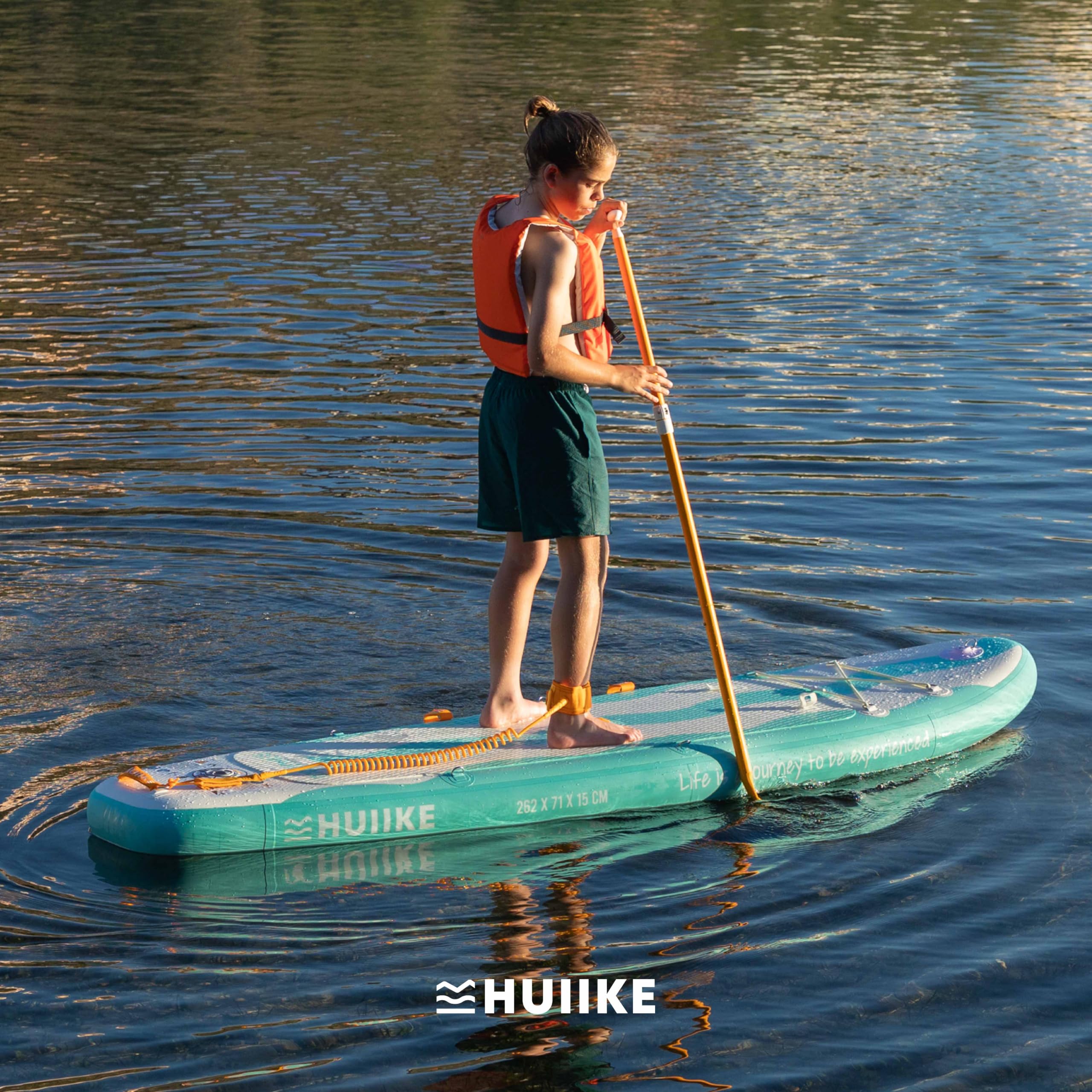 HUIIKE Deska Stand Up Paddle dla Dzieci 8’7” z Akcesoriami w Zestawie, Wiosłem, Pompką, Statecznikami, Leash i Plecakiem. Pompowana Deska SUP o Dużej Stabilności i Wytrzymałości. Udźwig do 80 kg