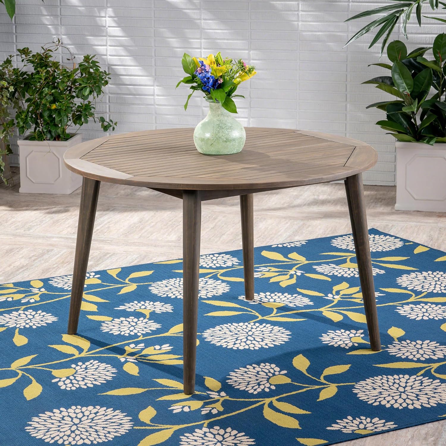Merax Outdoor Patio Furniture Acacia Wood Round Dining Table, Water Resistant Finish Modern for Garden Kitchen Room, Grey