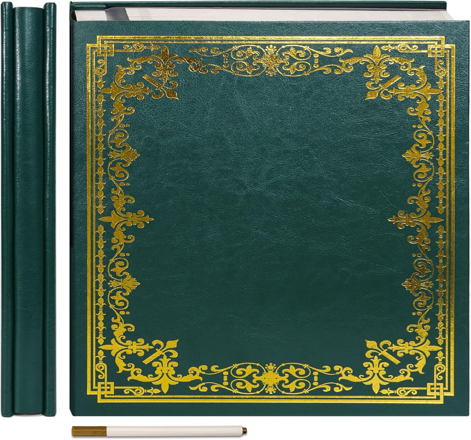 Vienrose Large Self-Adhesive Album Artificial Leather Cover Scrapbook Album 10.63"x11.02" Vintage Printed Memory Book DIY 40 Blank Pages with A Metallic Pen, Dark Green