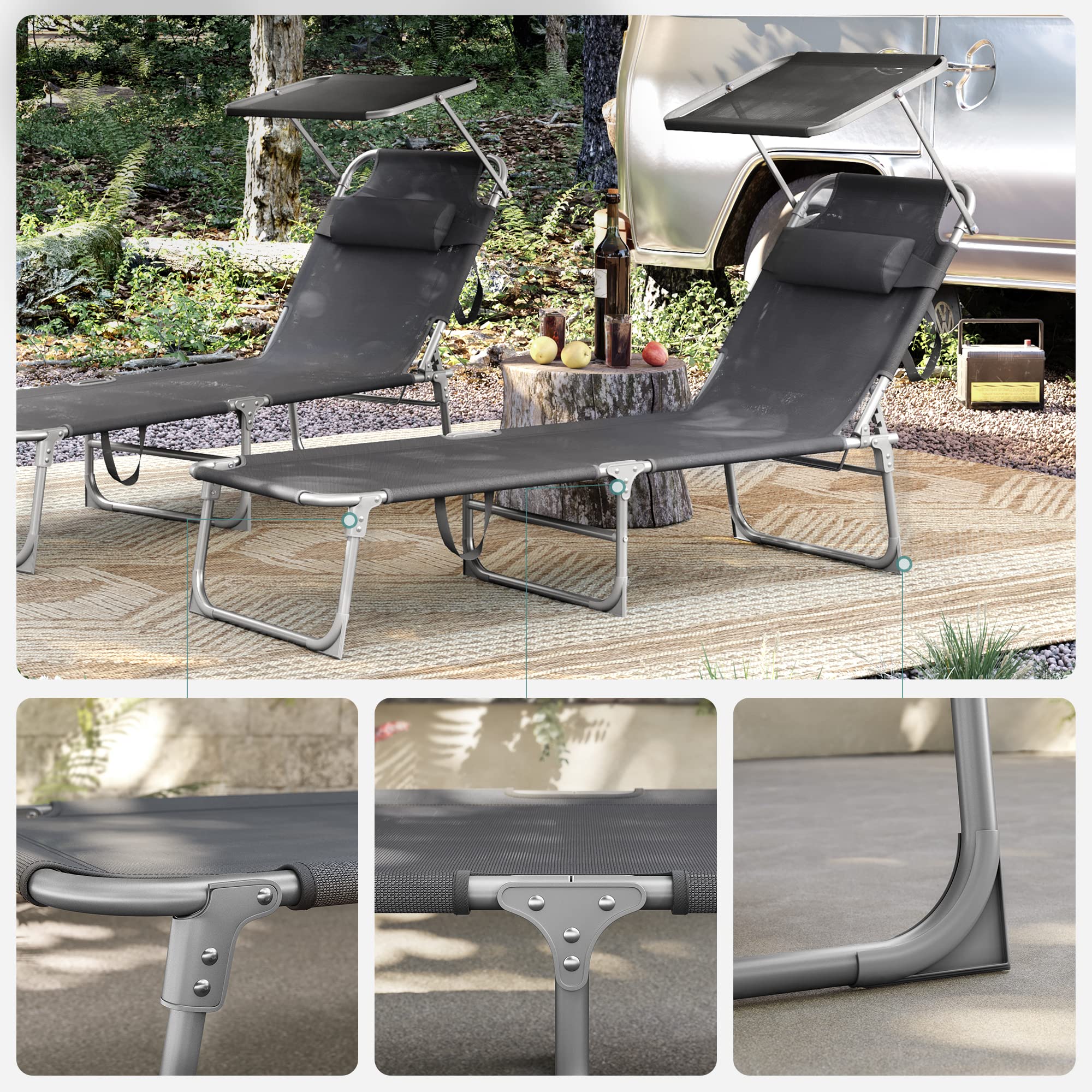 SONGMICS GCB193B01 składany leżak plażowy, 53 x 193 x 29 cm, obciążenie do 150 kg, ochrona przed słońcem, zagłówek, regulowane oparcie, nakładka na ogród, basen, taras, szaro-czarny
