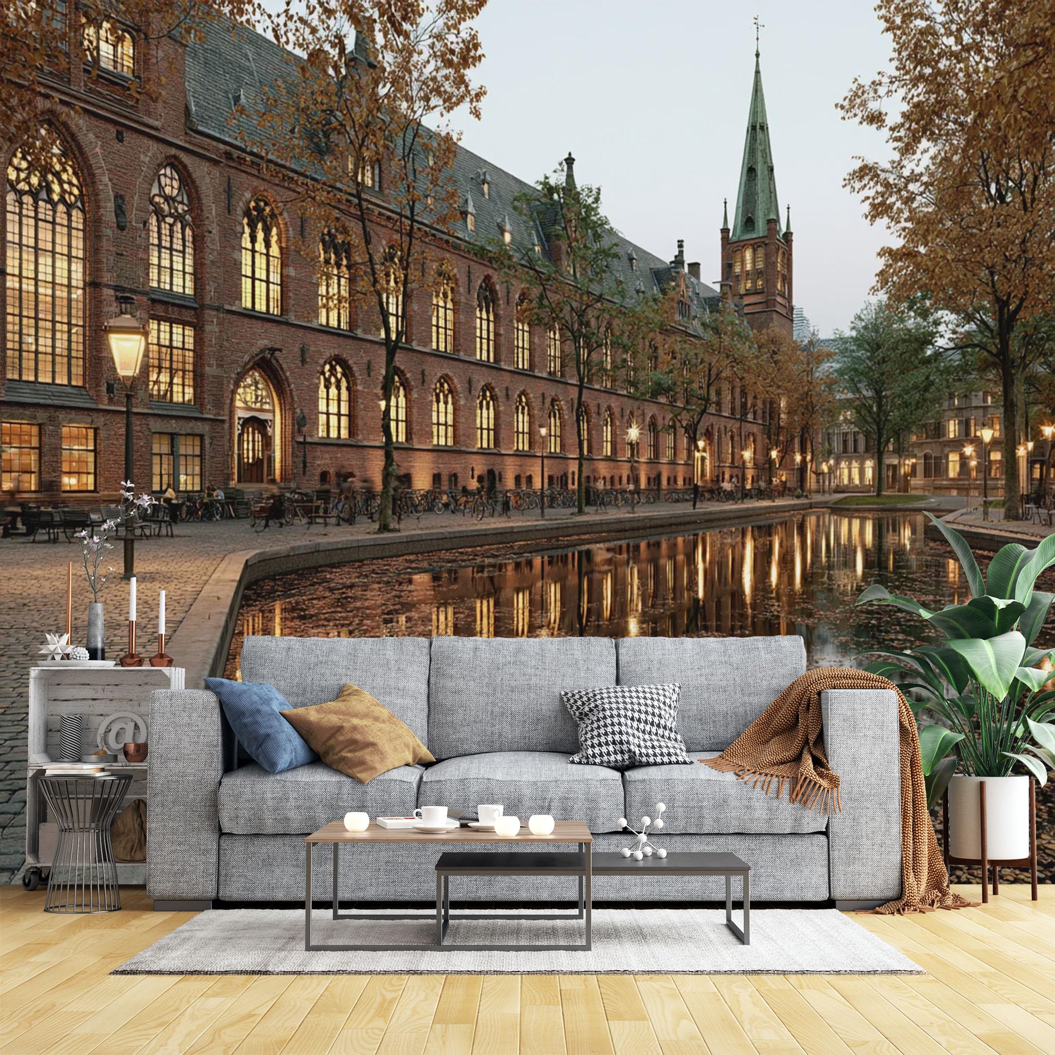 Custom Size Wall Murals Historic Building by Canal at Sunset Wall Murals Cityscape Wallpaper, Home Decor Self-Adhesive Removable Wallpaper for Living Room