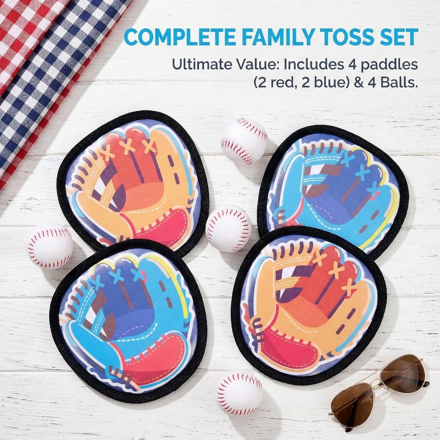 Toss and Catch Ball Set - Includes 4 Paddles 4 Sticky Balls, for Toddlers Teenagers and Adults, Outdoor Throwing and Catching Games, Outdoor Games, Yard Games, Beach Toys, Pool Toys (3+)