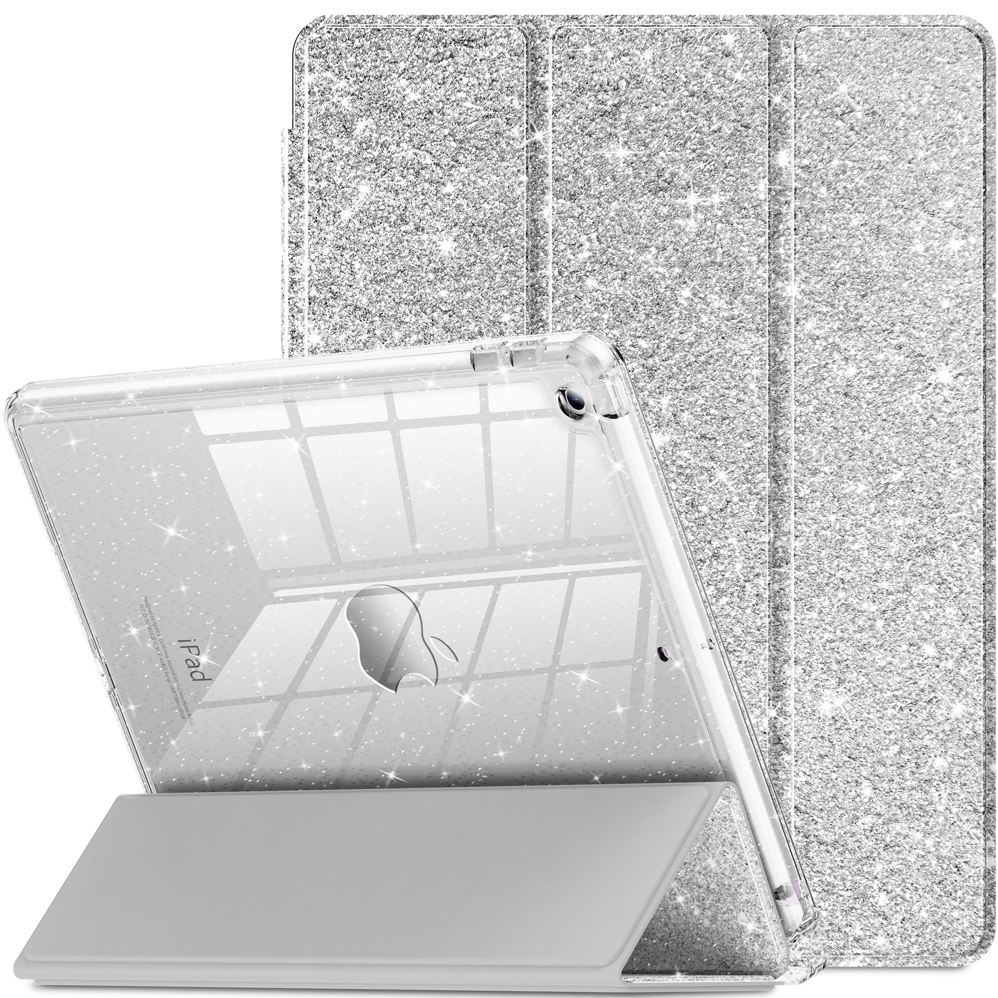 INFILAND Hülle für iPad 9. Generation 2021/iPad 8. Generation 2020/iPad 7. Generation 2019,Glitzer Transparent Schutzhülle,Stifthalter für Kinder und Mädchen (Silber)