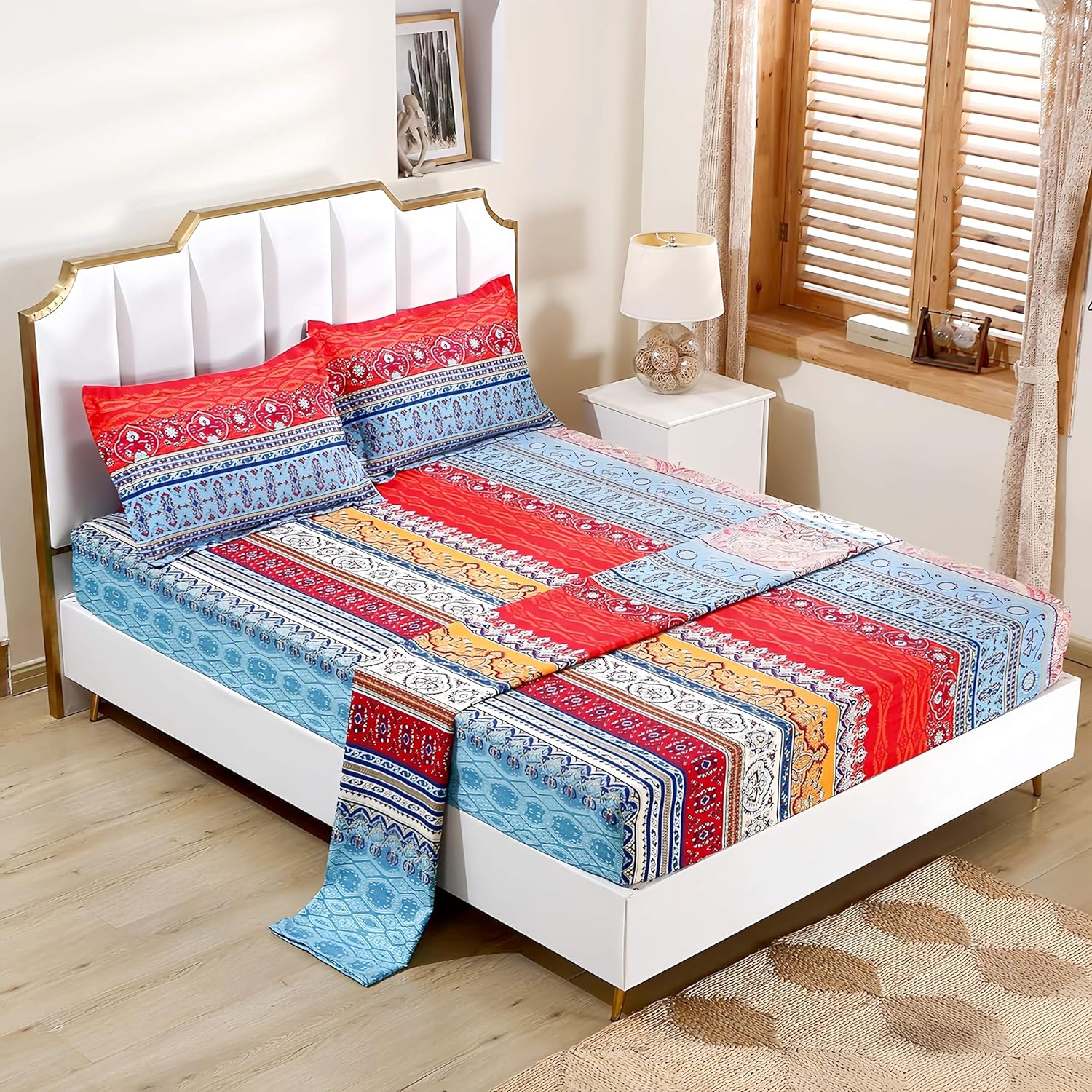 SDY 4PCS Boho Sheet Set Twin,Soft Floral Sheet with Deep Pockets, Boho Striped Sheet for Women,Man,Girls,Boys,Adult and Kids.with 1 Fitted Sheet + 1 Top Flat Sheet+ 2 Pillowcases