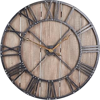 Household Essentials Large Oversized Decorative Rustic Wall Clock, Brown Wood/Black Metal