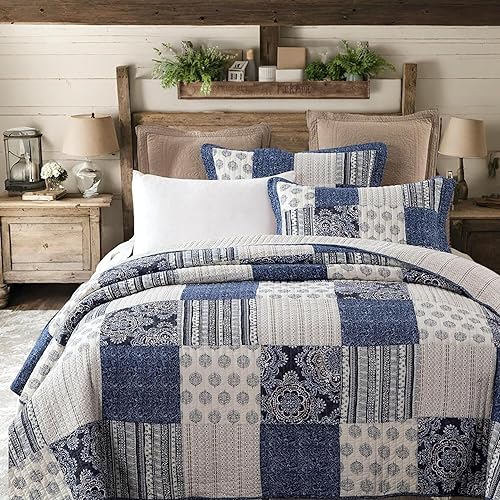 DaDa Bedding - Juego de colcha de retazos florales de retazos azul vaquero, 100% algodón, bohemio, chic, ligero, acolchado, medallón de cachemira a