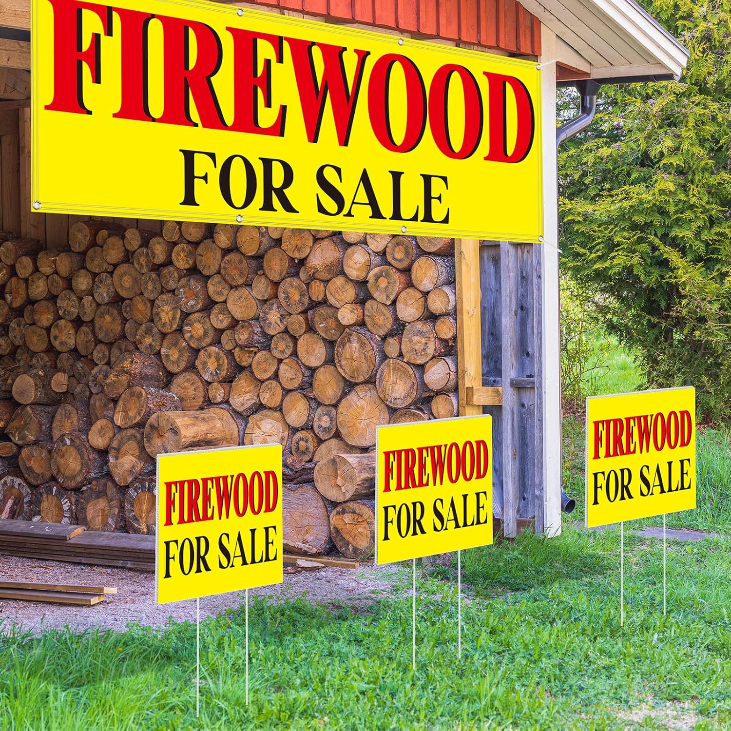 Chumia 1 Pcs Firewood for Sale Banner 3 Pcs Double Sided Firewood for Sale Yard Signs with Stakes Fabric Polyester Banner 2 x 6 ft Signs with Stands 11.81 x 15.75 Inch for Wood Business Outdoor