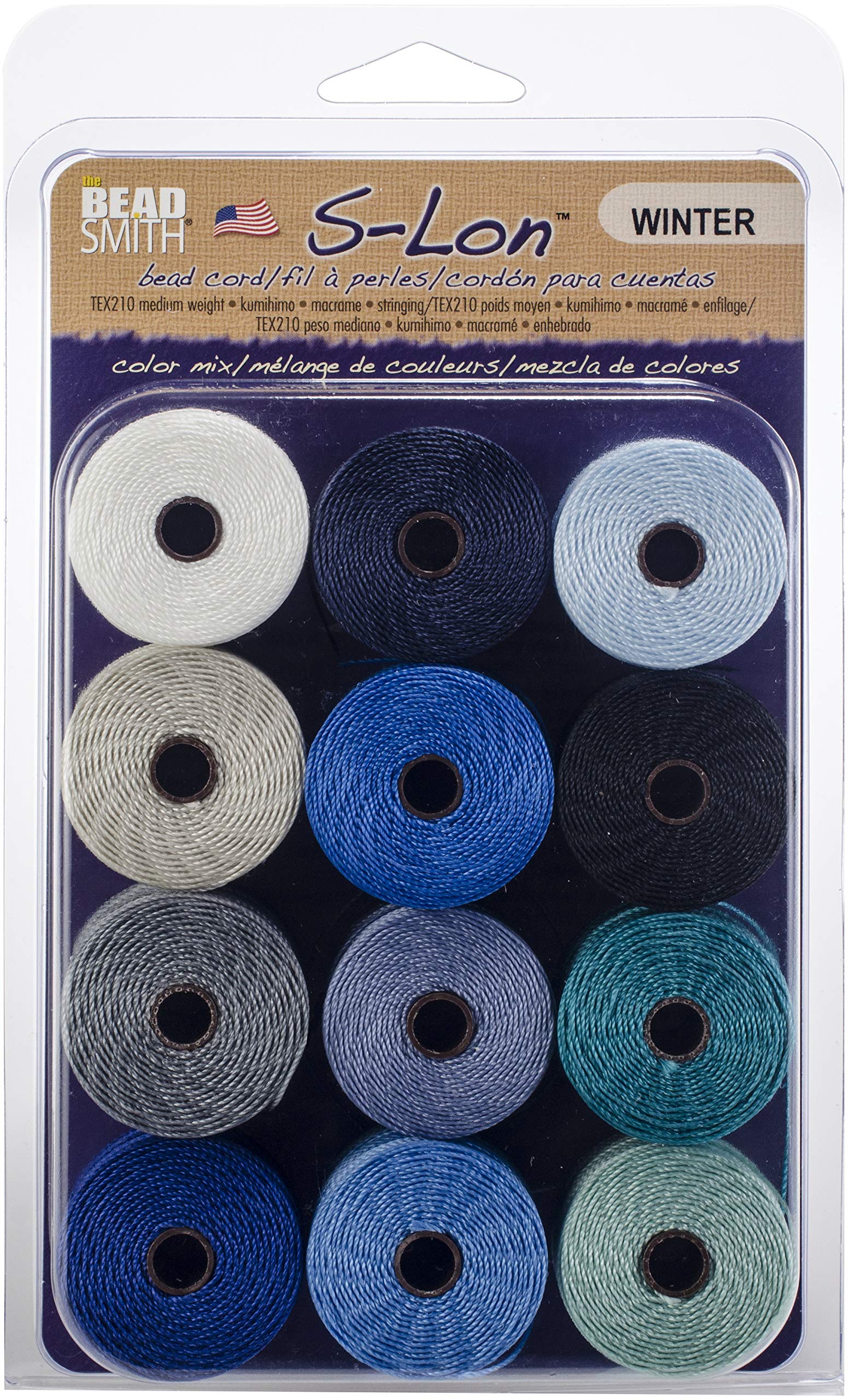 Hilo S-Lon Bead Cord TEX210 Beadsmith para kumihimo y cuentas, paleta Winter en pack de 12