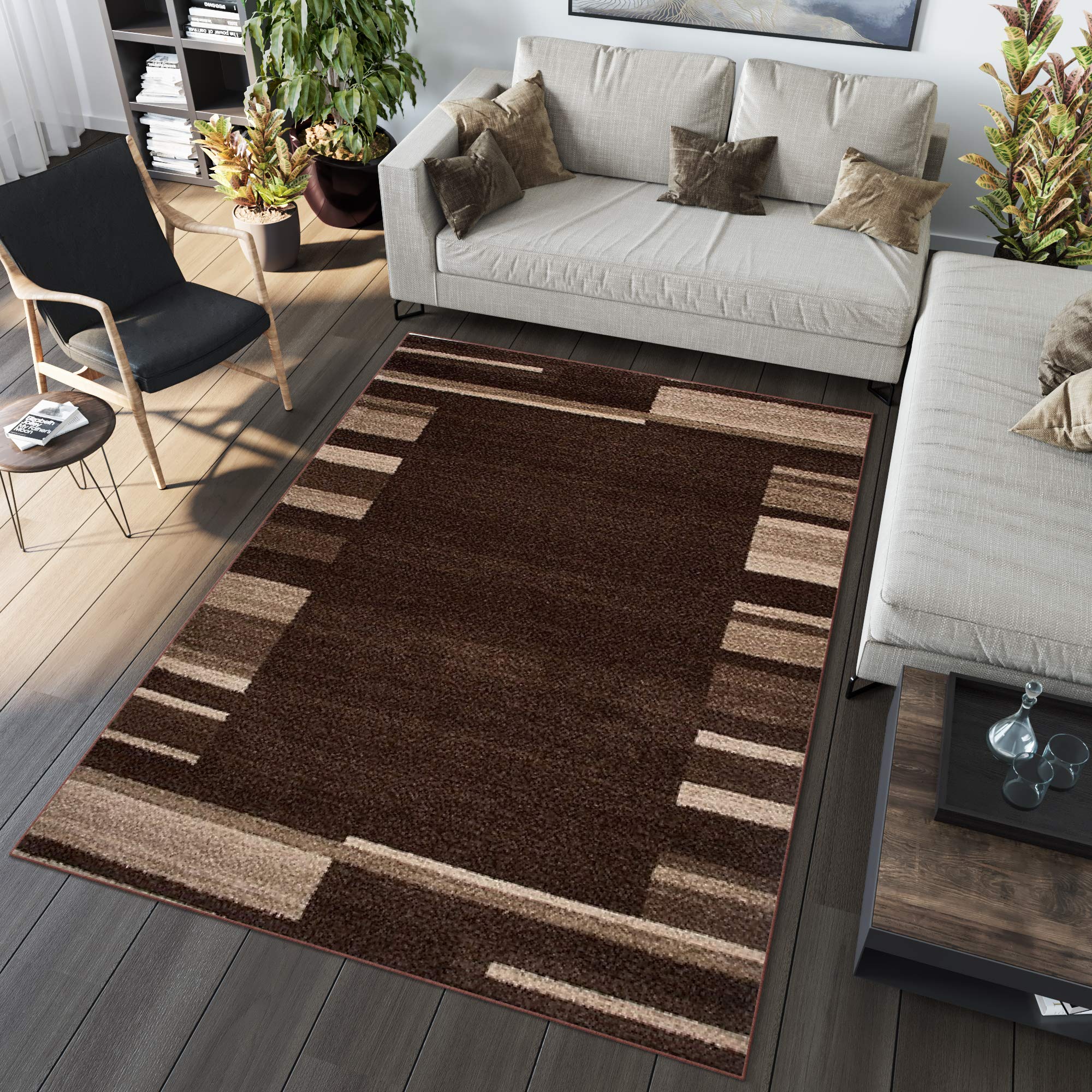 Tapiso® Dywan Sari z krótkim włosiem, nowoczesny dywan w designerskim kolorze brązowym, ciemnobrązowym, beżowym, z abstrakcyjnymi wzorem w paski, idealnie nadaje się do salonu, pokoju gościnnego, jadalni, Ökotex 140 x 190 cm