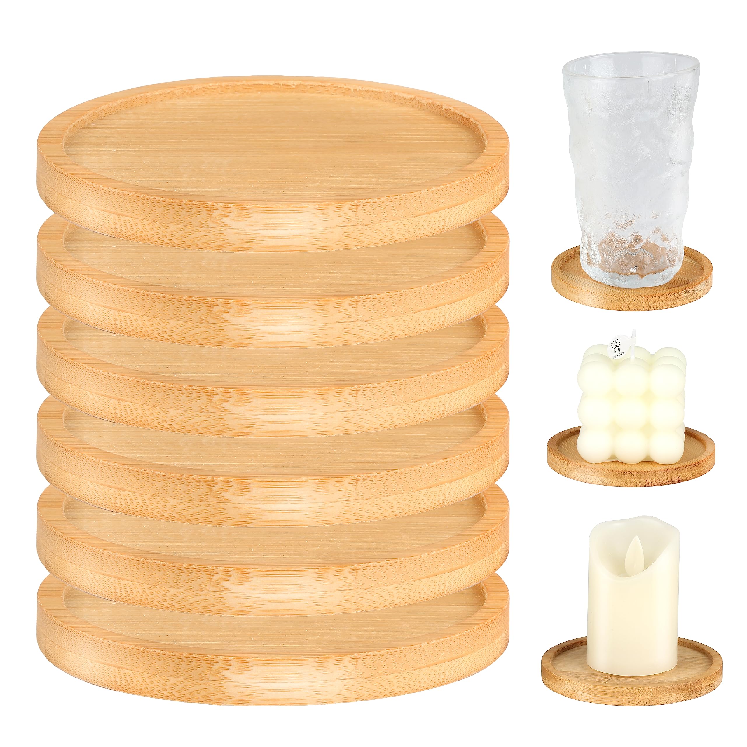 Round Candle Coasters, 6 PCS Wooden Candle Holder(Oiled), Round Bamboo Candle Tray for 9cm Diameter Candles, Candle Plate for Baptism Candles for Wedding, Home, Festive Decoration
