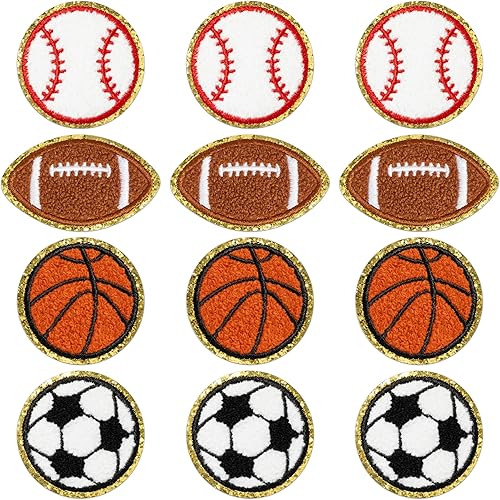 X1zuue 12Pcs Ball Sports Chenille Iron on Patches, Kids Football Baseball Basketball Rugby Soccer Repair Patches Kit Sew on Embroidered Applique DIY