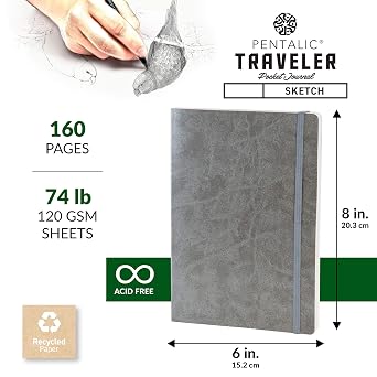 Pentalic 6 x 8 Pocket Sketchbook Traveler Journal, 160 Pages, Metallic Silver